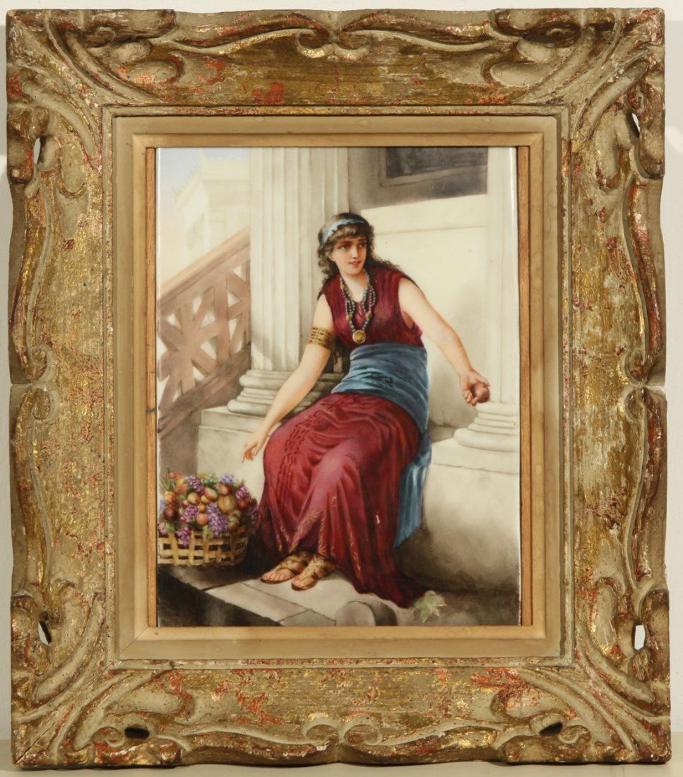 ANTIQUE PORCELAIN PLAQUE OF A WOMAN WITH FRUITS: A PORCELAIN PLAQUE OF A WOMAN WITH A BASKET OF FRUIT, 'Woman with a Fruit Basket' , Painted porcelain, 28 x 19.5 cm. (11 x 7 5/8 in.), inscribed KPM in paste on verso