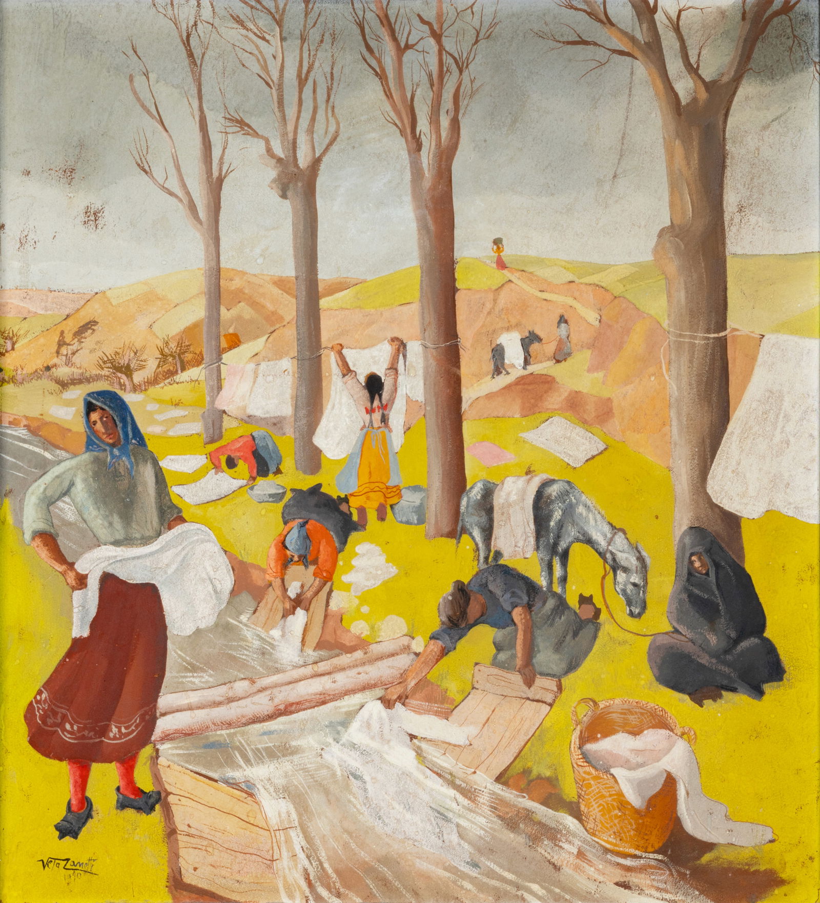 JOSE VELA ZANETTI (SPANISH-DOMINICAN 1913-1999): JOSE VELA ZANETTI (SPANISH-DOMINICAN 1913-1999) Lavanderas (Washerwomen), 1940 tempera on board 88 x 81 cm (34 5/8 x 31 7/8 in) framed dimensions: 105.4 x 98.4 cm (41 1/2 x 38 3/4 in) signed and dated