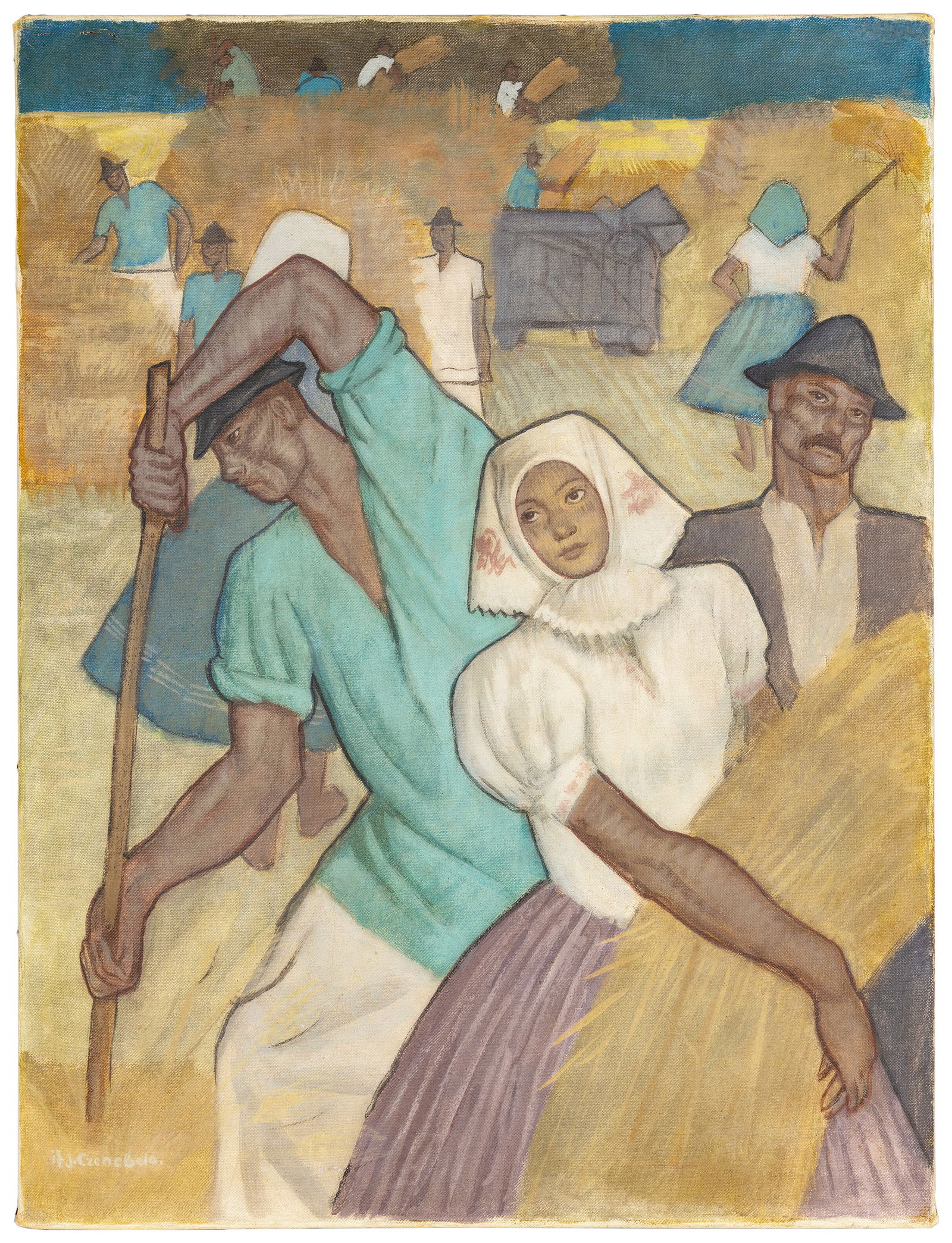 BELA CZENE (HUNGARIAN 1911-1999): BELA CZENE (HUNGARIAN 1911-1999) Harvesters, oil on canvas 80.5 x 61 cm (31 5/8 x 24 in.) signed lower left Keywords: Socialist Realism, Hungarian Modernism, Roman School, Romai Iskola, Neoclassicism,