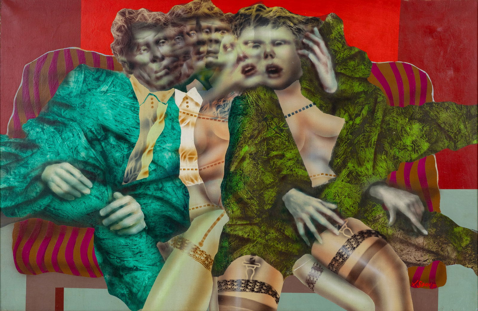 LUDMIL SISKOV (BULGARIAN-HUNGARIAN 1936-2024): LUDMIL SISKOV (BULGARIAN-HUNGARIAN 1936-2024) Polygamy, 1970 acrylic on canvas 61.5 x 91 cm (24 1/4 x 35 3/4 in.) framed dimensions: 64.6 x 95.3 cm (25 3/8 x 37 1/2 in.) signed dated and titled on ver