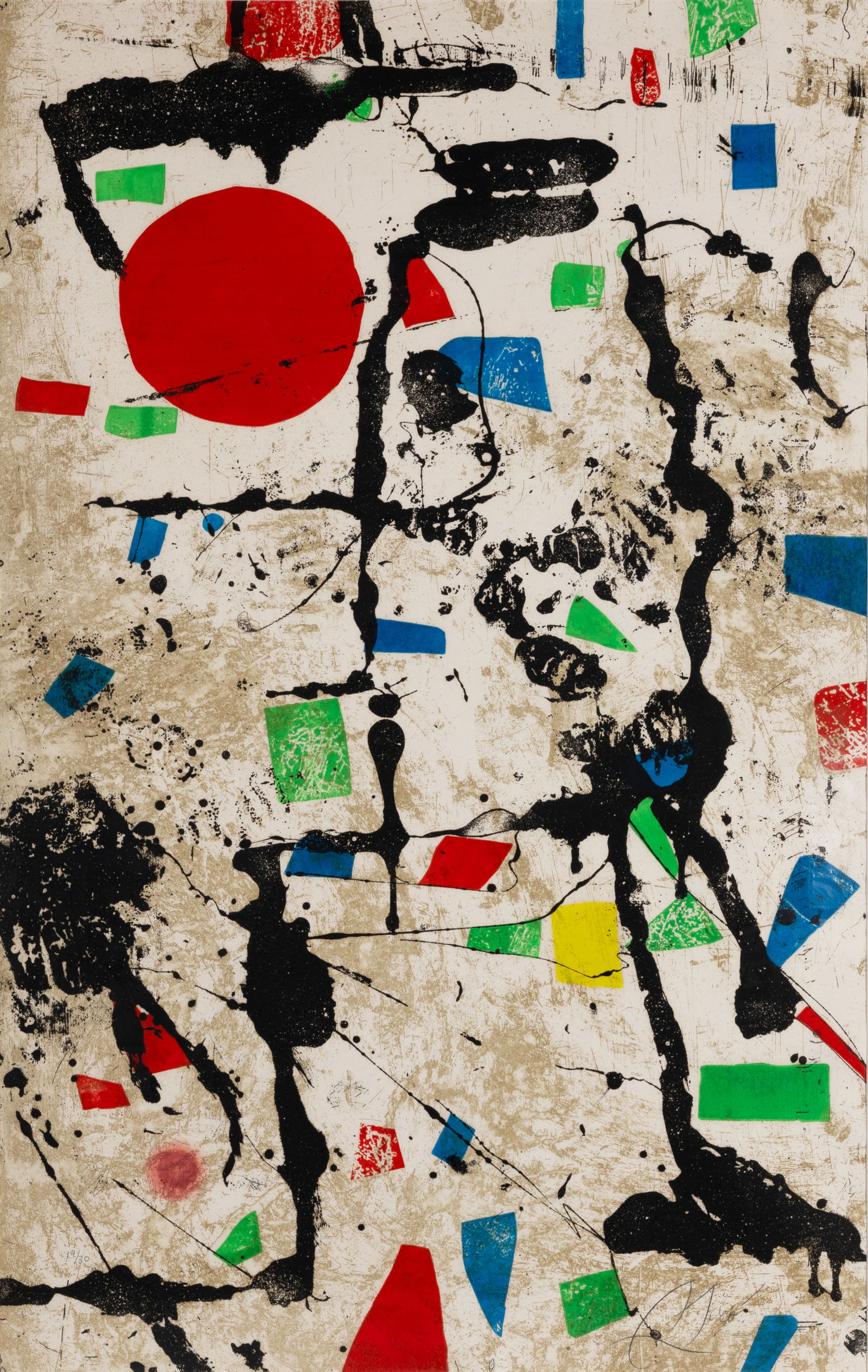 JOAN MIRO (SPANISH 1893-1983): JOAN MIRO (SPANISH 1893-1983) Els Gossos VII (Dupin 1103), 1979 etching in colors on wove paper sheet 114.9 x 72.7 cm (45 1/4 x 28 5/8 in.) framed dimensions: 132 x 88.5 cm (52 x 34 7/8 in.) sign in p