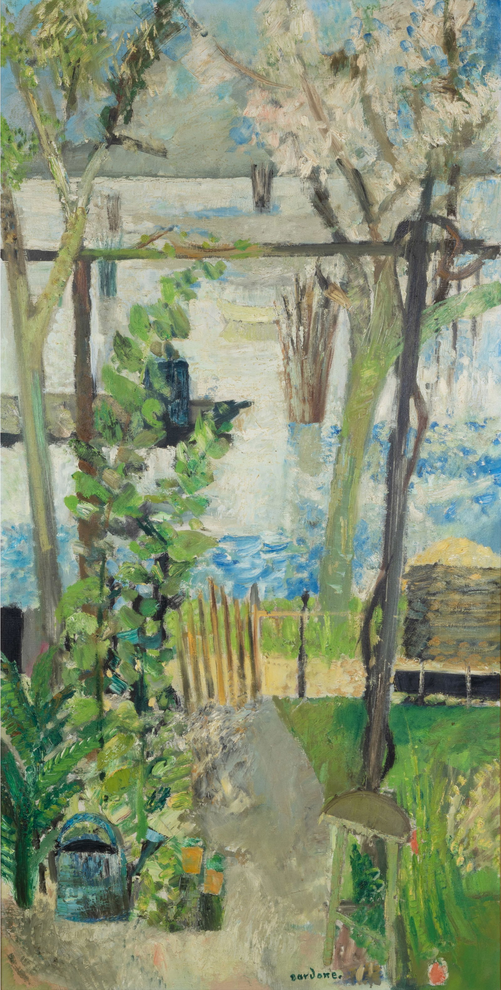 GUY BARDONE (FRENCH 1927-2015): GUY BARDONE (FRENCH 1927-2015) Mer et Jardin, Arachon, 1959 oil on canvas 140 x 70 cm (55 1/8 x 27 1/2 in.) framed dimensions: 157.4 x 90.6 cm (62 x 35.75 in) signed lower center signed, titled, and d