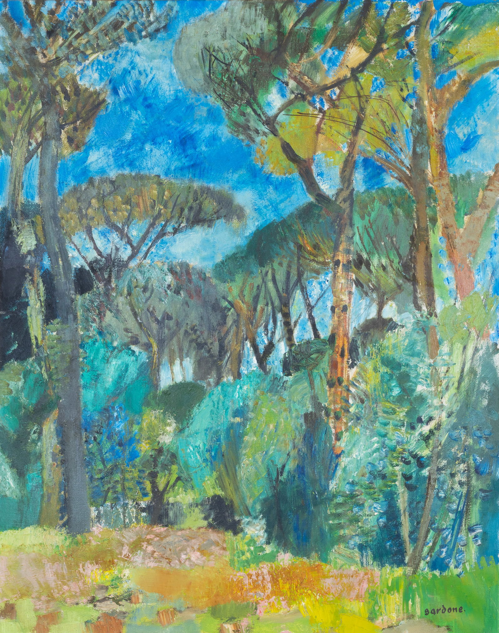 GUY BARDONE (FRENCH 1927-2015): GUY BARDONE (FRENCH 1927-2015) Pins a Osny (Pines at Osny), 1960 oil on canvas 91.4 x 72.5 cm (36 x 28 1/2 in) framed dimensions: 109.8 x 89.5 cm (43 1/4 x 35 1/4 in) signed lower right signed, titled