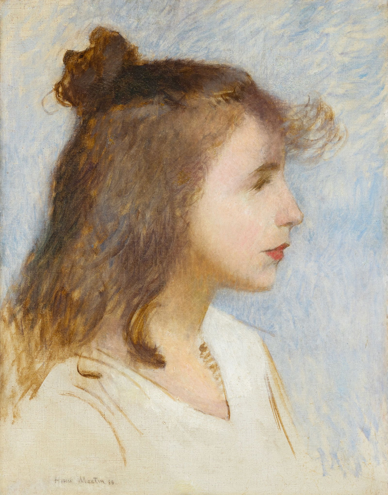 HENRI MARTIN (FRENCH 1860-1943): HENRI MARTIN (FRENCH 1860-1943) Portrait of a Young Woman, 1888 oil on canvas 45 x 35 cm (17 3/4 x 13 3/4 in.) framed dimensions: 59.5 x 43.5 cm (23 3/8 x 17 1/8 in.) signed and dated lower left Keywo