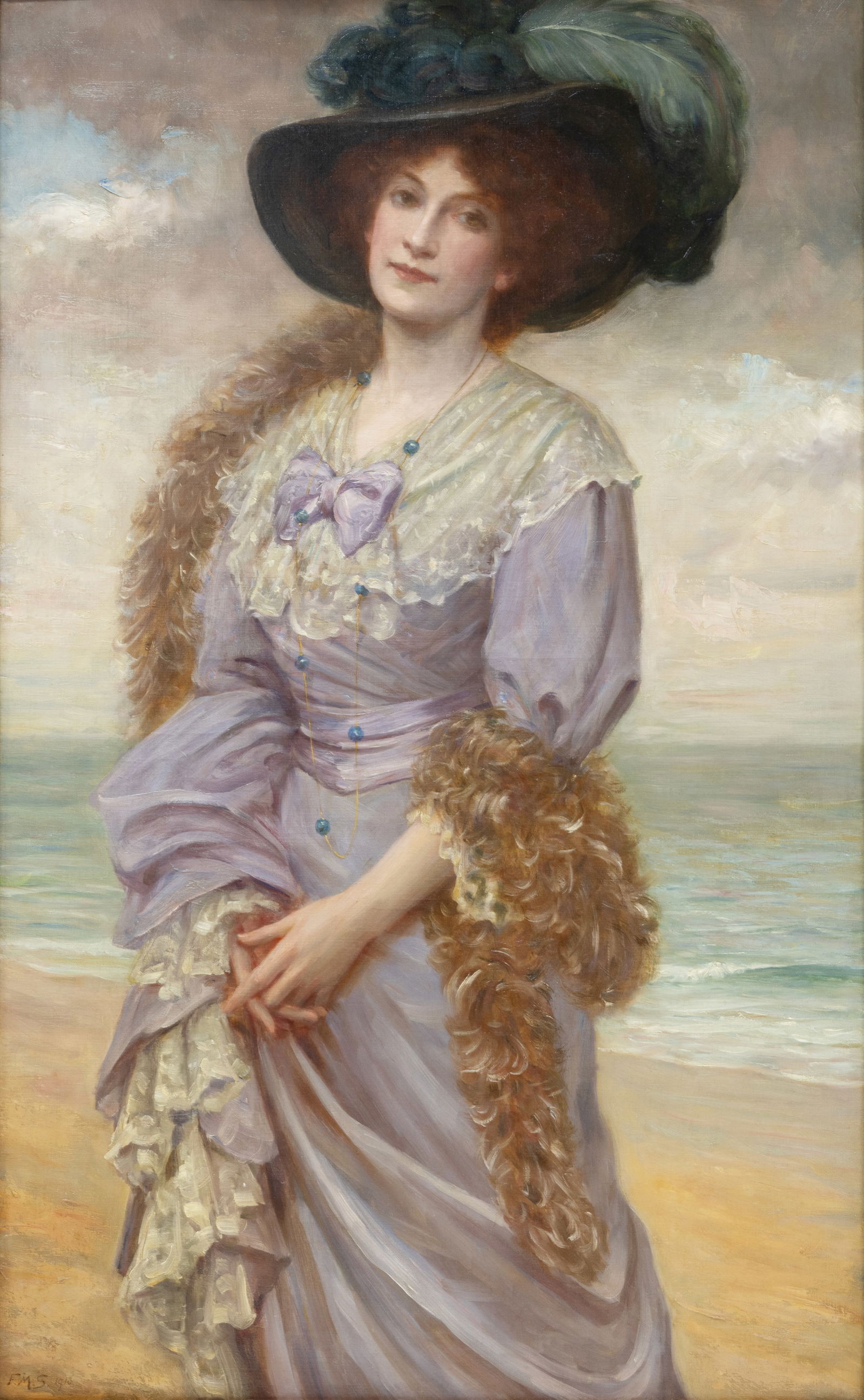 FRANK MARKHAM SKIPWORTH (ENGLISH 1854-1929): FRANK MARKHAM SKIPWORTH (ENGLISH 1854-1929) A Fashionable Woman on the Shoreline, 1910 oil on canvas 106.6 x 66 cm (42 x 26 in.) framed dimensions: 123.8 x 83.1 cm (48 3/4 x 32 3/4 in) signed and date