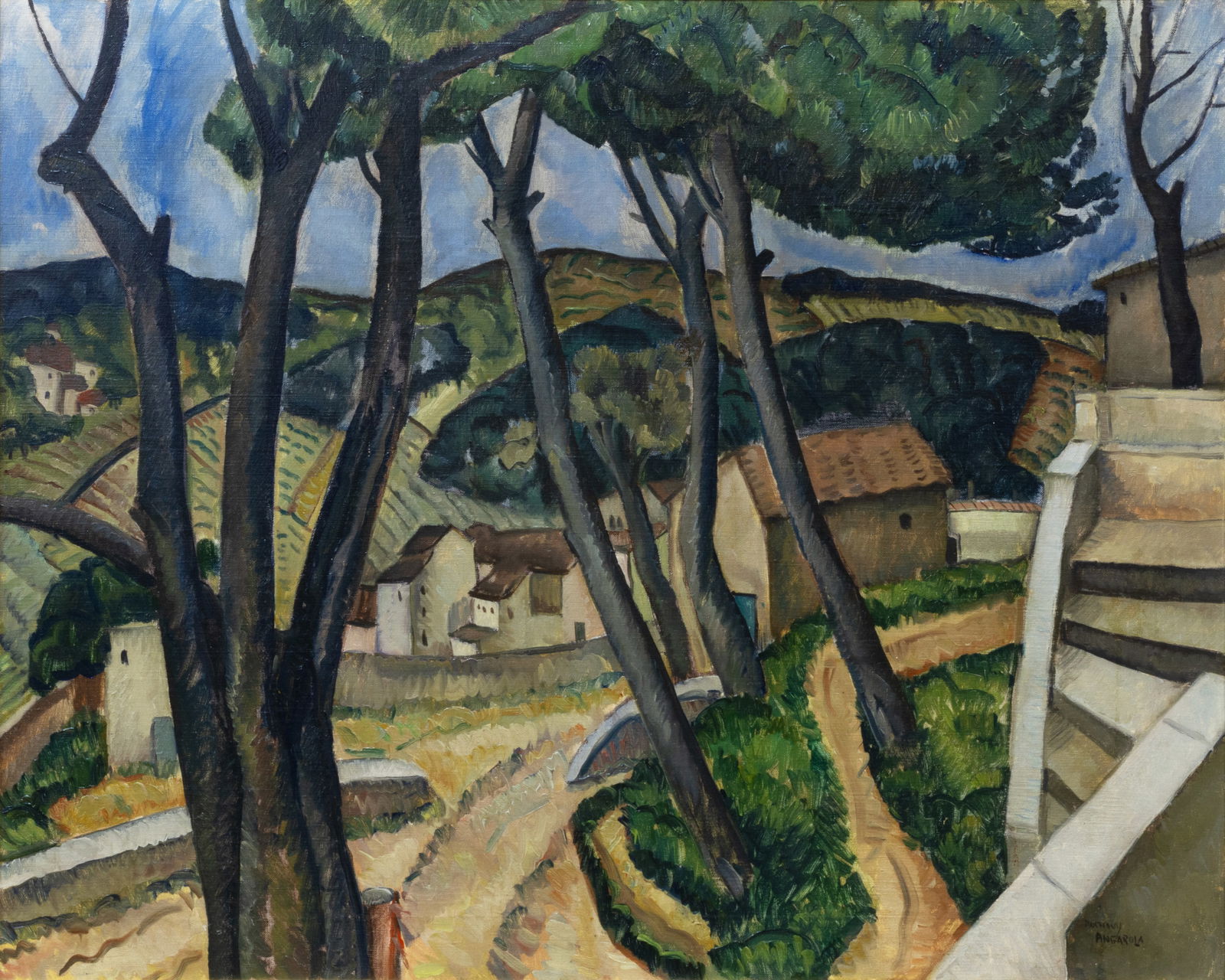 ANTHONY ANGAROLA (AMERICAN 1893-1929): ANTHONY ANGAROLA (AMERICAN 1893-1929) Pines of Cagnes , 1929 oil on canvas 65.4 x 81.2 cm (25.75 x 32 in) framed dimensions: s 81.9 x 99 cm (32 1/4 x 39 in) signed lower right titled and dated on ver