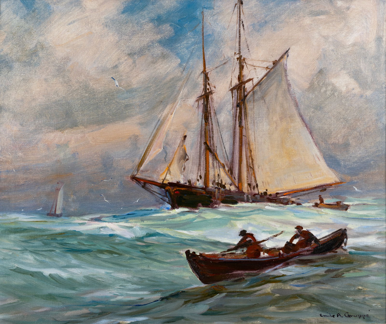 EMILE GRUPPE (AMERICAN 1896-1978): EMILE GRUPPE (AMERICAN 1896-1978) Hauling the Nets, Gloucester, oil on canvas 63.5 x 76.3 cm (25 x 30 in.) framed dimensions: 72.7 x 85 cm (28 5/8 x 33 1/2 in.) signed lower right PROVENANCE Acquired