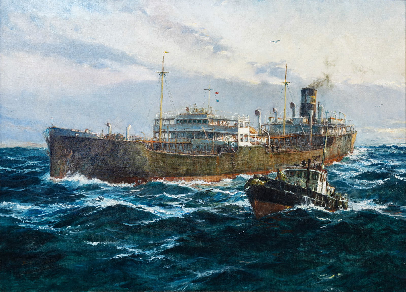 JACK LORIMER GRAY (CANADIAN 1927-1981): JACK LORIMER GRAY (CANADIAN 1927-1981) Meeting the Pilot, oil on canvas 66 x 91.4 cm (26 x 36 in) framed dimensions 83.8 x 109.2 cm (33 x 43 in) signed lower left LOT NOTES This expansive maritime