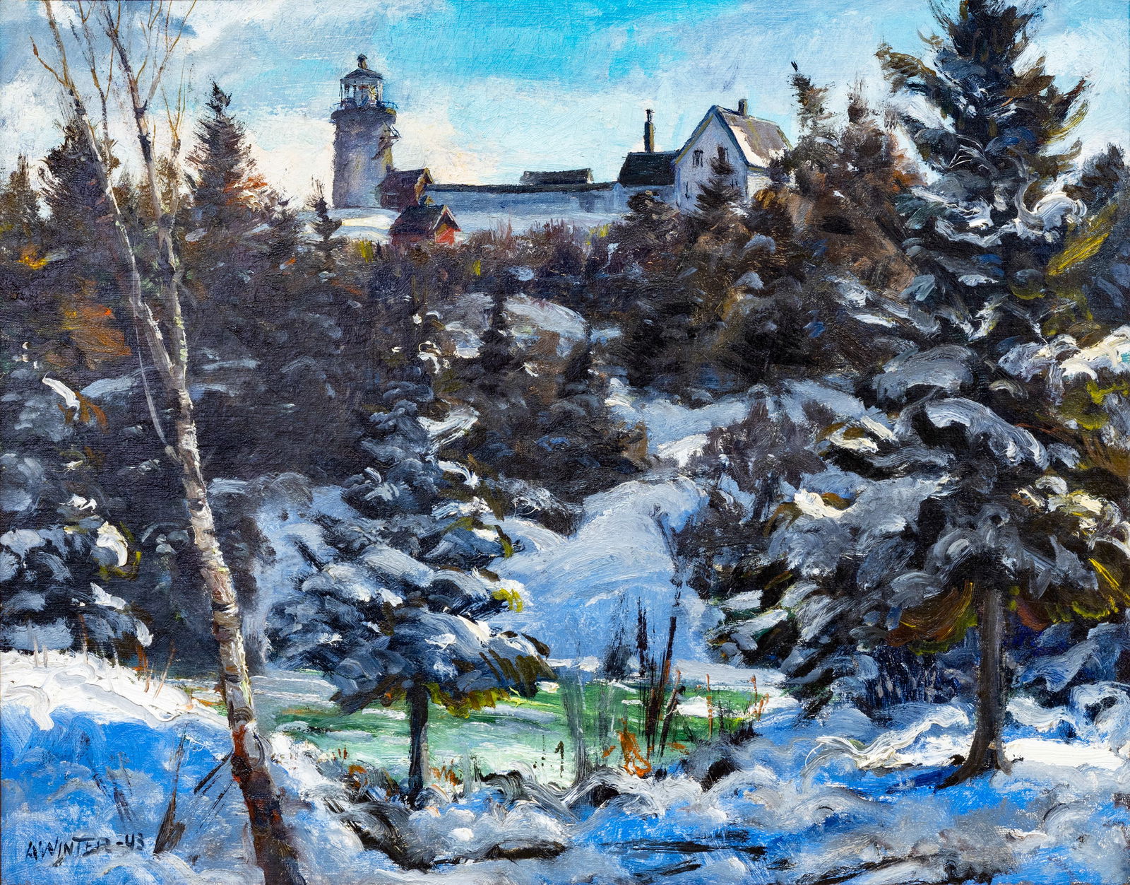 ANDREW WINTER (AMERICAN 1893-1976): ANDREW WINTER (AMERICAN 1893-1976) Light House in Winter, Monhegan Island, 1943 oil on canvas 55.9 x 71.1 cm (22 x 28 in.) framed dimensions 69.8 x 85 cm (27 1/2 x 33 1/2 in.) signed and dated lower l
