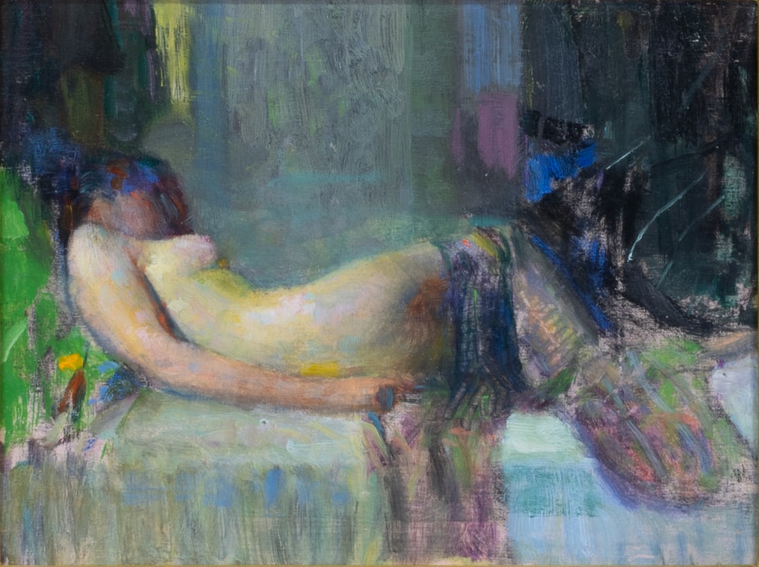 HOVSEP PUSHMAN (ARMENIAN-AMERICAN 1877-1966): HOVSEP PUSHMAN (ARMENIAN-AMERICAN 1877-1966) Repose, oil on board 14 x 18 cm (5 1/2 x 7 1/8 in.) framed dimensions: 29.8 x 34.2 cm (11.75 x 13.5 in) PROVENANCE Estate of the Artist Keywords: Armenian