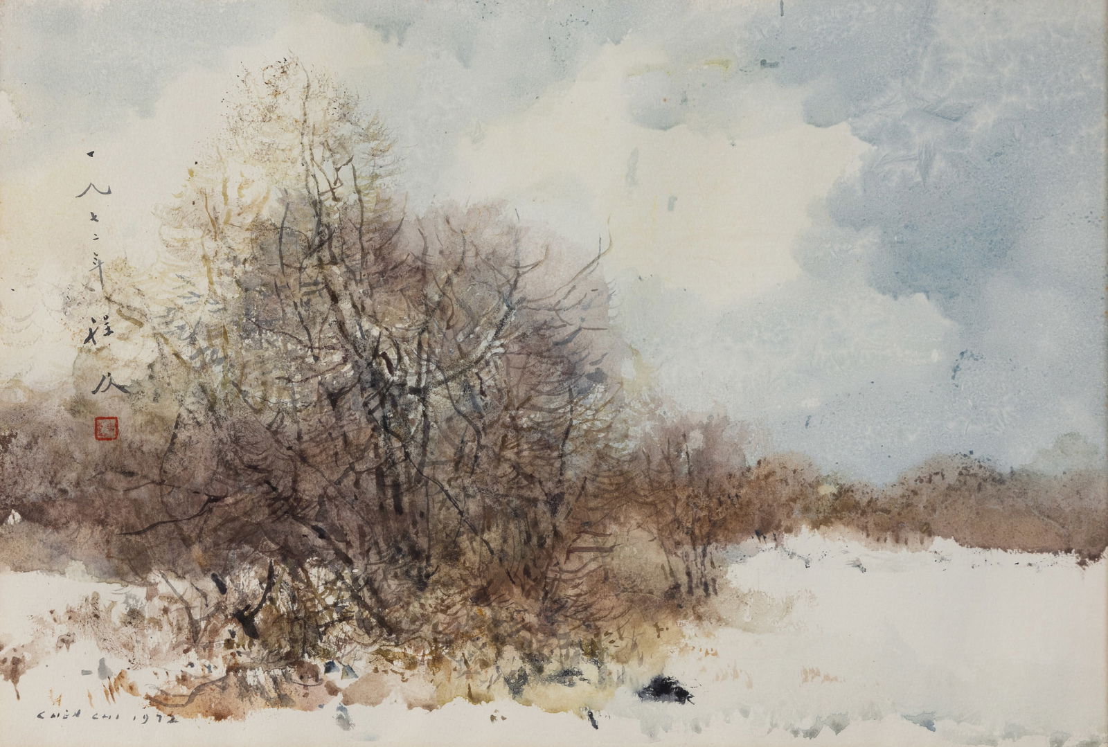 CHEN CHI (CHINESE- AMERICAN 1912-2005): CHEN CHI (CHINESE- AMERICAN 1912-2005) Winter, 1972 watercolor on paper 37 x 54 cm (14 1/2 x 21 1/4 in.) framed dimensions: 59 x 77 cm (23 1/4 x 30 1/4 in.) signed and dated lower left with artist's s