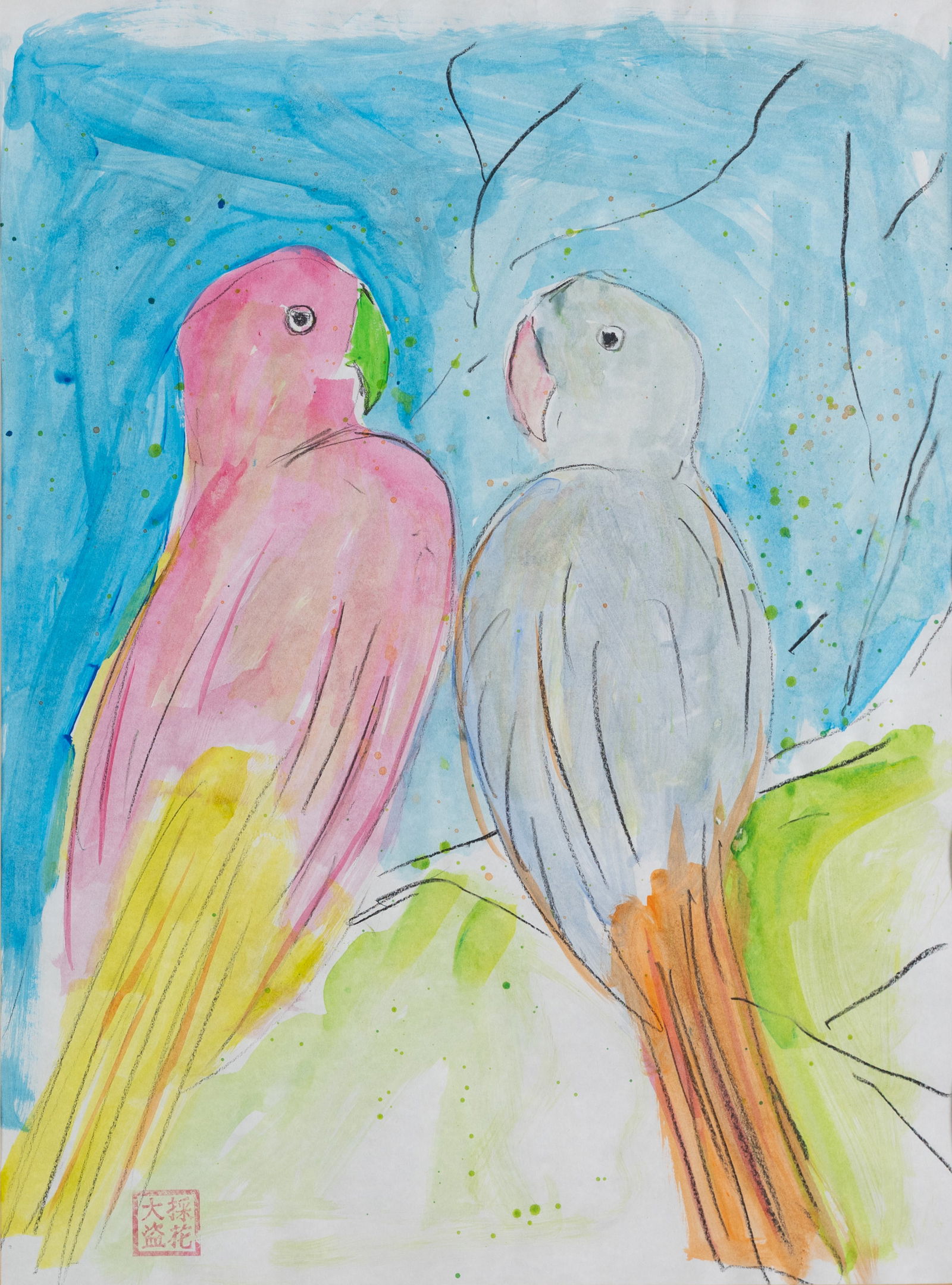 WALASSE TING (CHINESE-AMERICAN 1929-2010): WALASSE TING (CHINESE-AMERICAN 1929-2010) Two Parrots, watercolor and oil crayon on paper 60 x 44.5 cm (23 5/8 x 17 1/2 in.) [sight] framed dimensions: 79 x 63.5 cm (31 1/8 x 25 in.) signed with one s