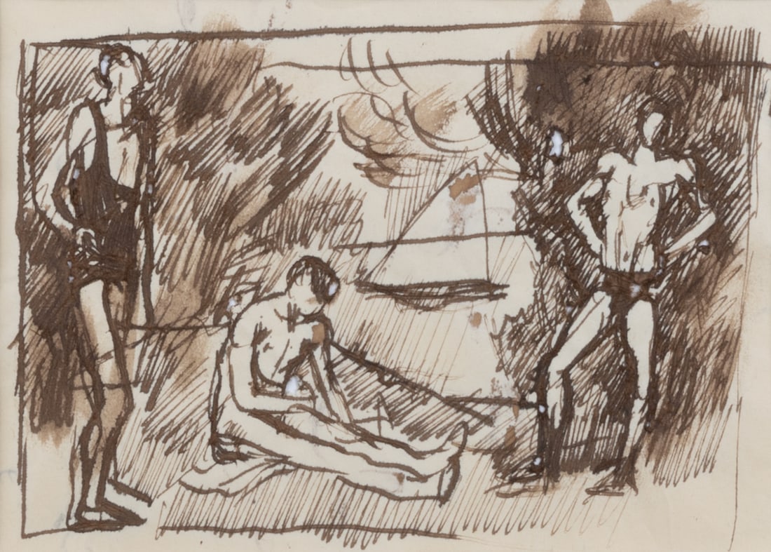 PAVEL TCHELITCHEW (RUSSIAN 1898-1957): PAVEL TCHELITCHEW (RUSSIAN 1898-1957) On the beach , brush and sepia ink and wash on paper 17.5 x 27.5 cm (6 7/8 x 10 3/4 in.) signed with Estate signature stamp on verso PROVENANCE Estate of Pavel Tc