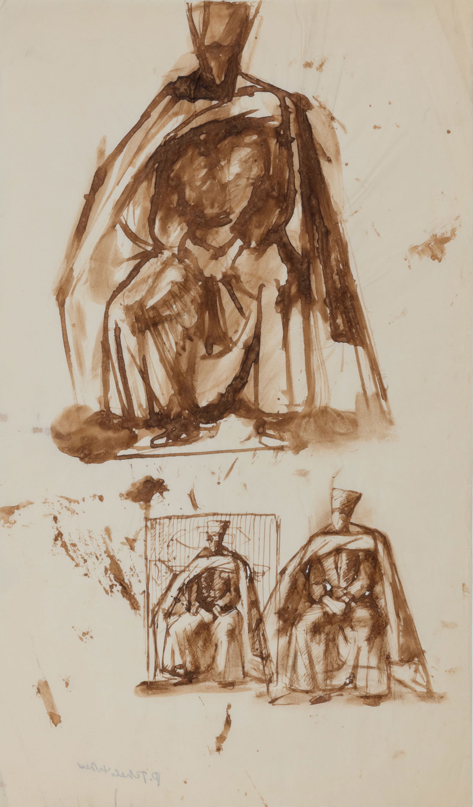 PAVEL TCHELITCHEW (RUSSIAN 1898-1957): PAVEL TCHELITCHEW (RUSSIAN 1898-1957) Study of a Throned Man, brush and sepia ink and wash on paper 45 x 26.5 cm (17 3/4 x 10 3/8 in.) signed with Estate signature stamp on verso PROVENANCE Estate of