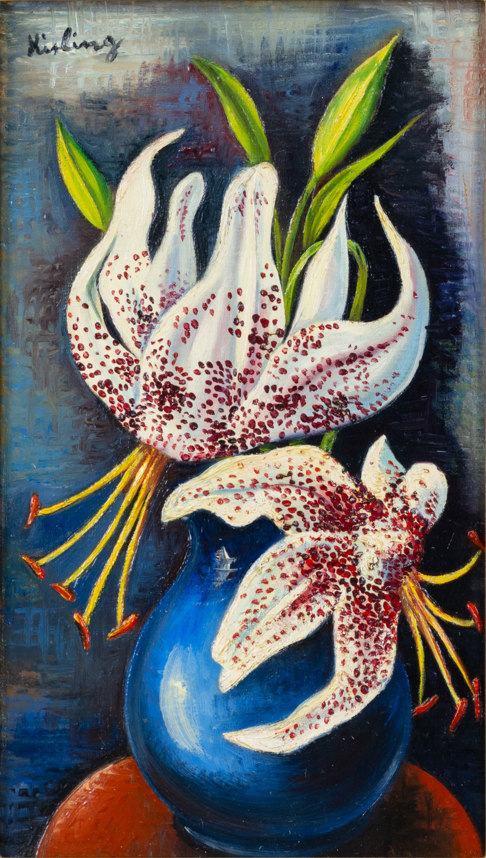 MOISE KISLING (POLISH-FRENCH 1891-1953): MOISE KISLING (POLISH-FRENCH 1891-1953) Liliums , 1931 oil on canvas 33 x 19 cm (13 x 7 1/2 in.) framed dimensions: 59 x 45 cm (23.25 x 17.75 in) signed upper left PROVENANCE Sale, Champin, Lombrail &