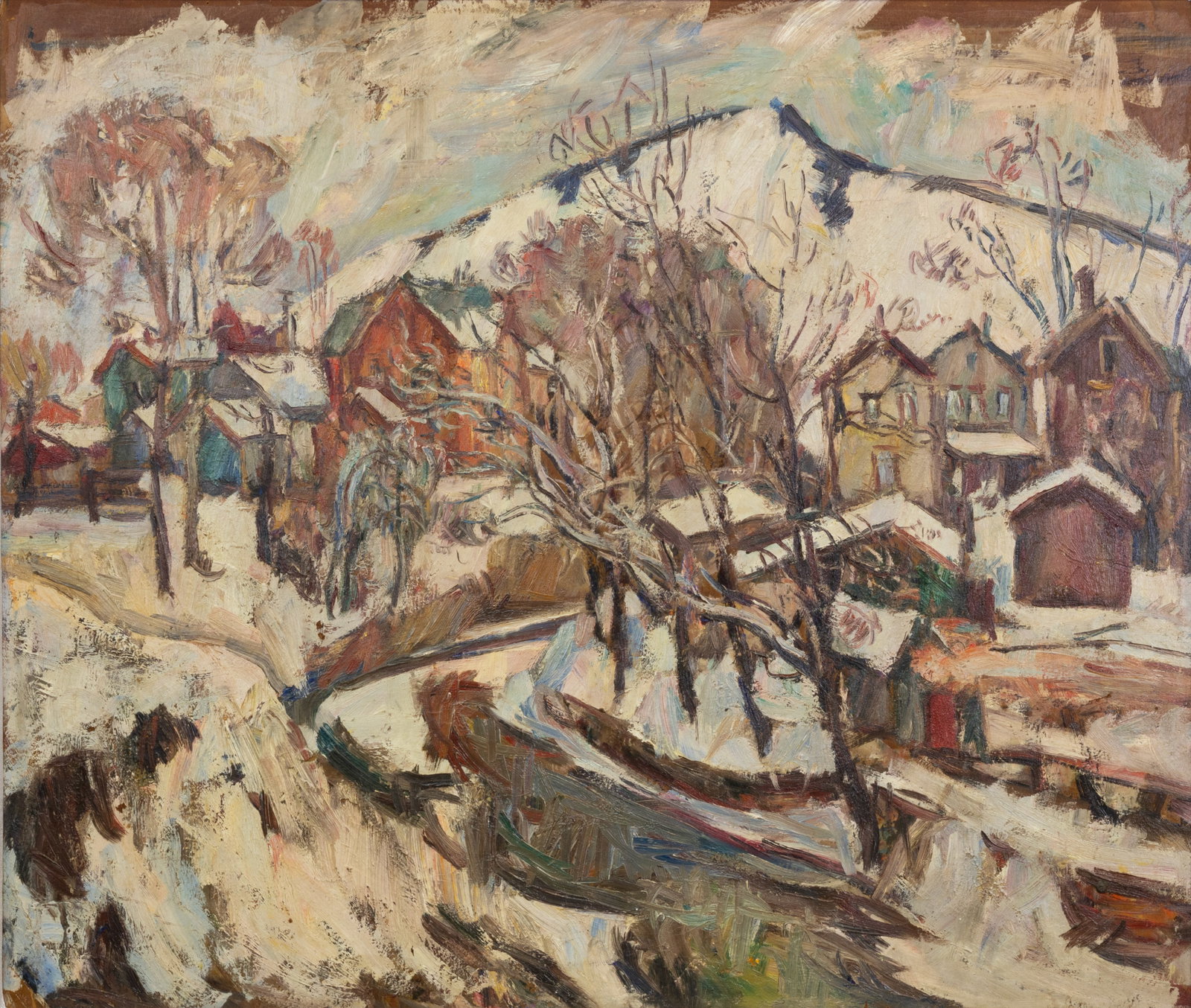 ABRAHAM MANIEVICH (RUSSIAN 1881-1942): ABRAHAM MANIEVICH (RUSSIAN 1881-1942) Snowy Landscape: A Double-Sided Work, oil on board 64 x 74.5 cm (25.1 x 29.3 in) framed dimensions: 93.9 x 105.4 cm (37 x 41.5 in) signed lower right N.B. Conditi