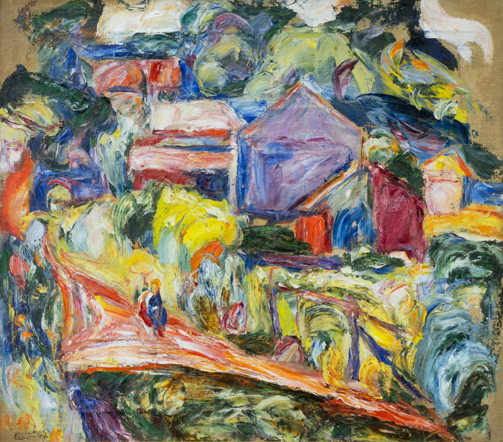 ABRAHAM MANIEVICH (UKRAINIAN 1881-1942): ABRAHAM MANIEVICH (UKRAINIAN 1881-1942) Village Street, c. 1930 oil on canvas 51 x 56 cm (20 x 22 in.) framed dimensions: 70 x 74.5 cm (27 1/2 x 29 3/8 in.) signed with estate signature stamp lower le
