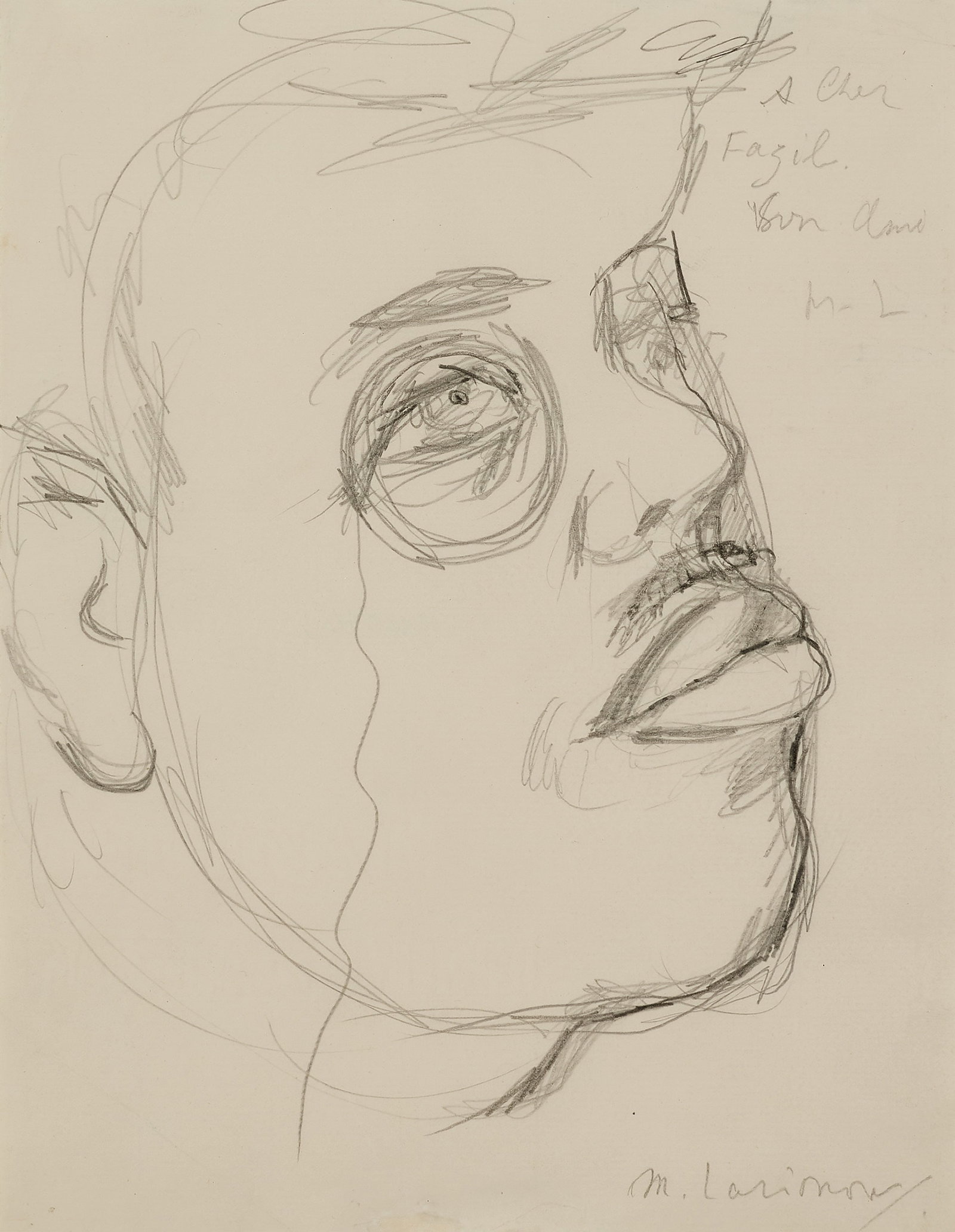 MIKHAIL LARIONOV (RUSSIAN 1881-1964): MIKHAIL LARIONOV (RUSSIAN 1881-1964) Portrait of Diaghilev, crayon on paper 26.7 x 20 cm (10 5/8 x 7 7/8 in.) signed lower right, M. Larionov signed, initialed, and dedicated upper right A cher Fazil