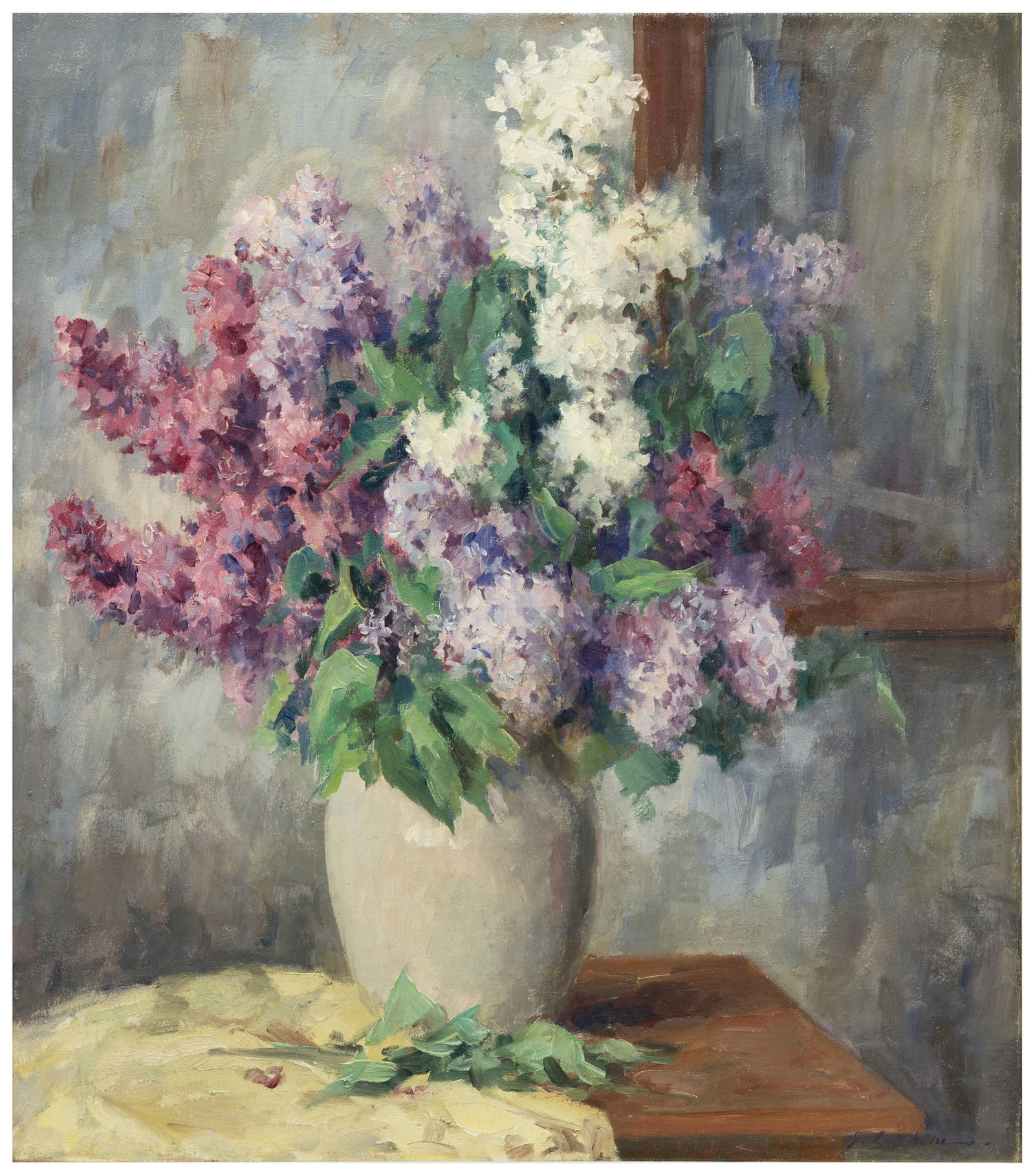 GEORGES LAPCHINE (RUSSIAN-FRENCH 1885-1950): GEORGES LAPCHINE (RUSSIAN-FRENCH 1885-1950) Lilacs , oil on canvas 80 x 71.1 cm (31.5 x 28 in) framed dimensions: 88.2 x 78.1 cm (34 3/4 x 30 3/4 in) signed lower right Keywords: Russian Impressionis