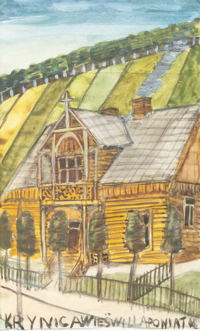 NIKIFOR [KRYNICKI] (POLISH 1895-1968): NIKIFOR [KRYNICKI] (POLISH 1895-1968) Krynica Wies Willa Powiat, watercolor and ink on paper 19.5 x 11.5 cm (7 5/8 x 4 1/2 in.) [sight] framed dimensions: 35.5 x 27.5 cm (14 x 10 3/4 in.) LOT NOTES LO