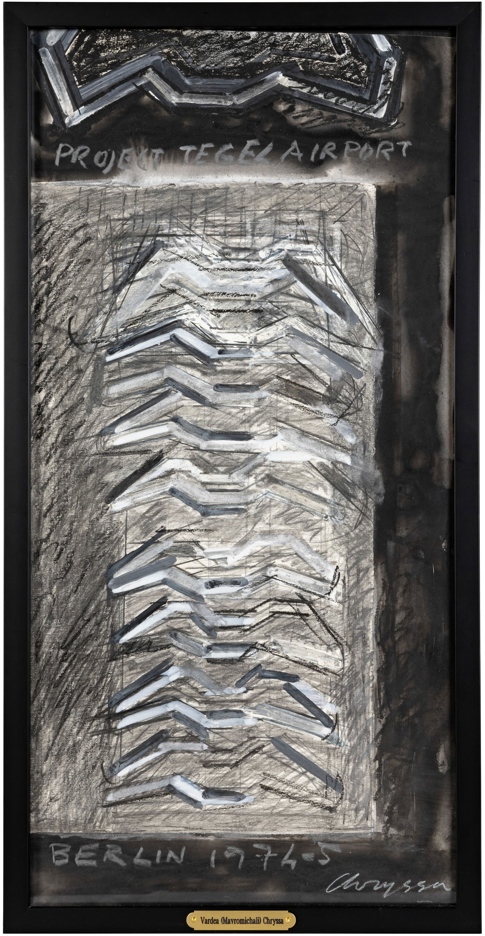 CHRYSSA (GREEK-AMERICAN 1933-2013): CHRYSSA (GREEK-AMERICAN 1933-2013) Project Tegel Airport, Berlin, 1974-75 gouache, charcoal and mixed media on paper 72 x 35 cm (28 3/8 x 13 3/4 in.) framed dimensions: 76 x 39 cm (30 x 15 3/8 in.) si