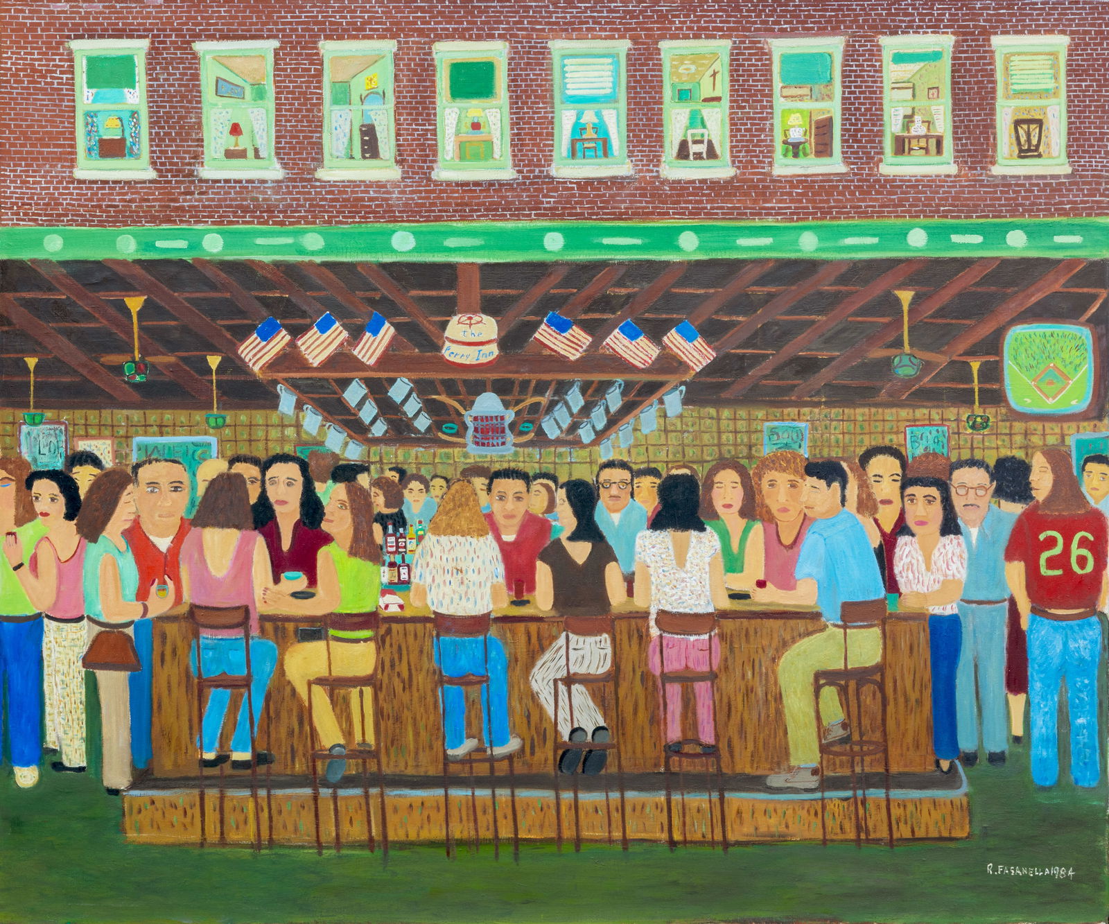 RALPH FASANELLA (AMERICAN 1914-1997): RALPH FASANELLA (AMERICAN 1914-1997) Ferry Inn, Thursday Night, 1984 oil on canvas 127 x 178 cm (50 x 70 in.) framed dimensions: 133.4 x 158.2 cm (52 1/2 x 62 1/4 in.) signed and dated lower right PRO