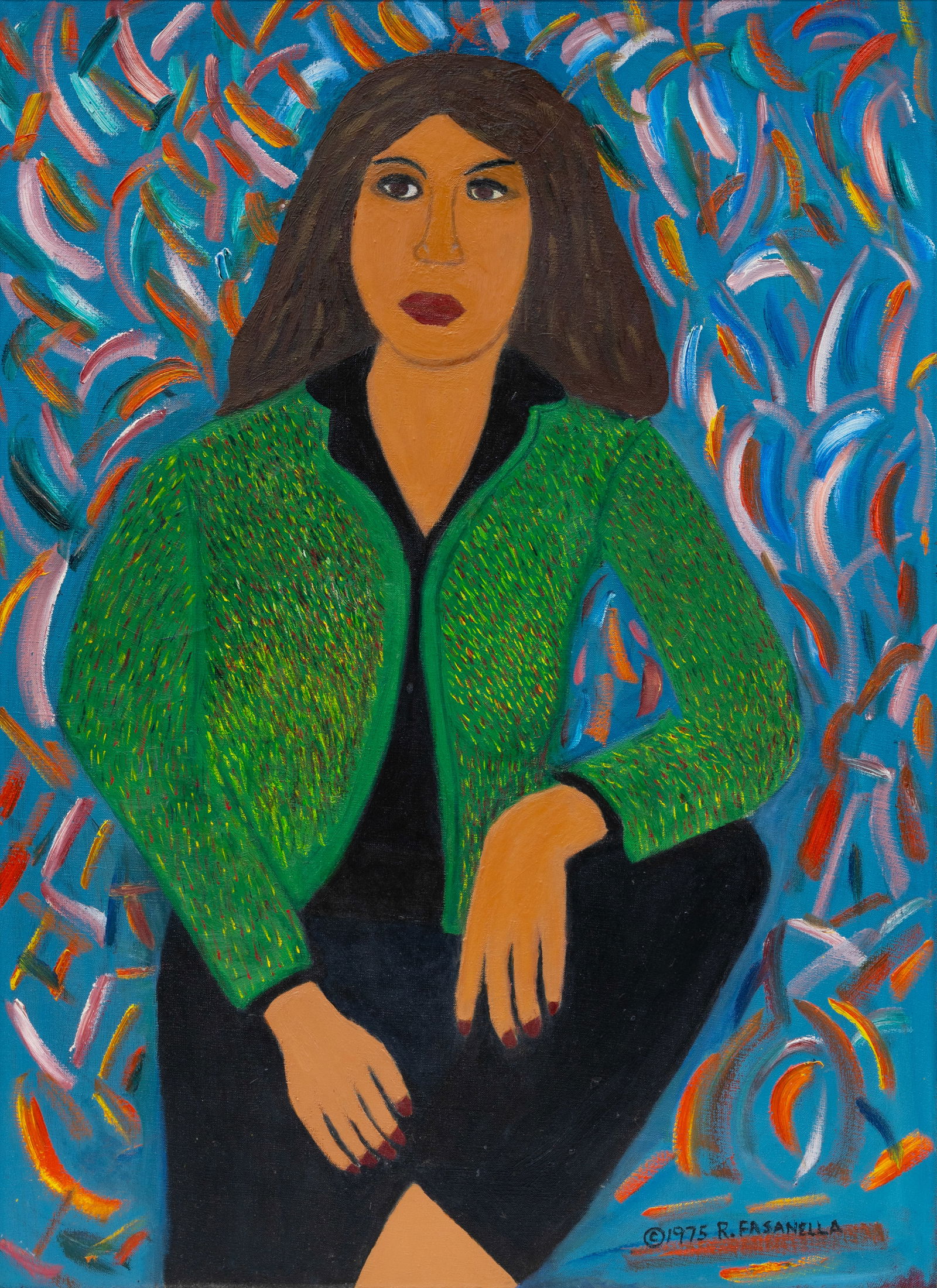 RALPH FASANELLA (AMERICAN 1914-1997): RALPH FASANELLA (AMERICAN 1914-1997) Woman in Green Jacket, 1975 oil on canvas 76.5 x 56 cm (30 x 22 in.) framed dimensions: 83 x 62.5 cm (32 5/8 x 24 5/8 in.) signed and dated lower right LOT NOTES A