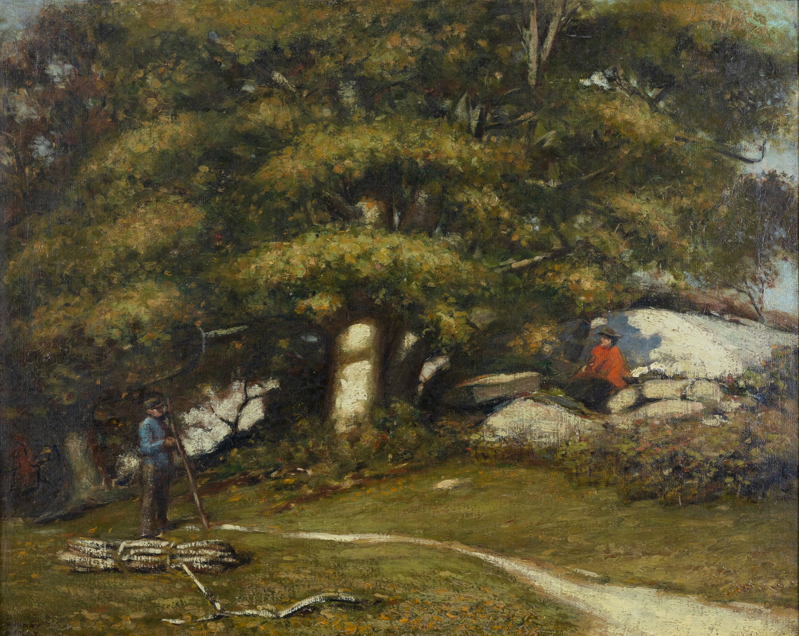 EDWIN MURRAY MACKAY (AMERICAN 1869-1926): EDWIN MURRAY MACKAY (AMERICAN 1869-1926) Stopping for a Chat, oil on canvas 61 x 76.5 cm (24 x 30 1/8 in.) framed dimensions: 87.5 x 102.5 cm (34 1/2 x 40 3/8 in.) signed lower left stamped with Estat