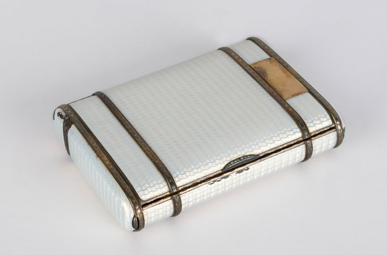 A FABERGE SILVER GILT AND GUILLOCHE ENAMEL VESTA CIGARETTE CASE, WORKMASTER AUGUST HOLLMING, ST. (1 of 7)