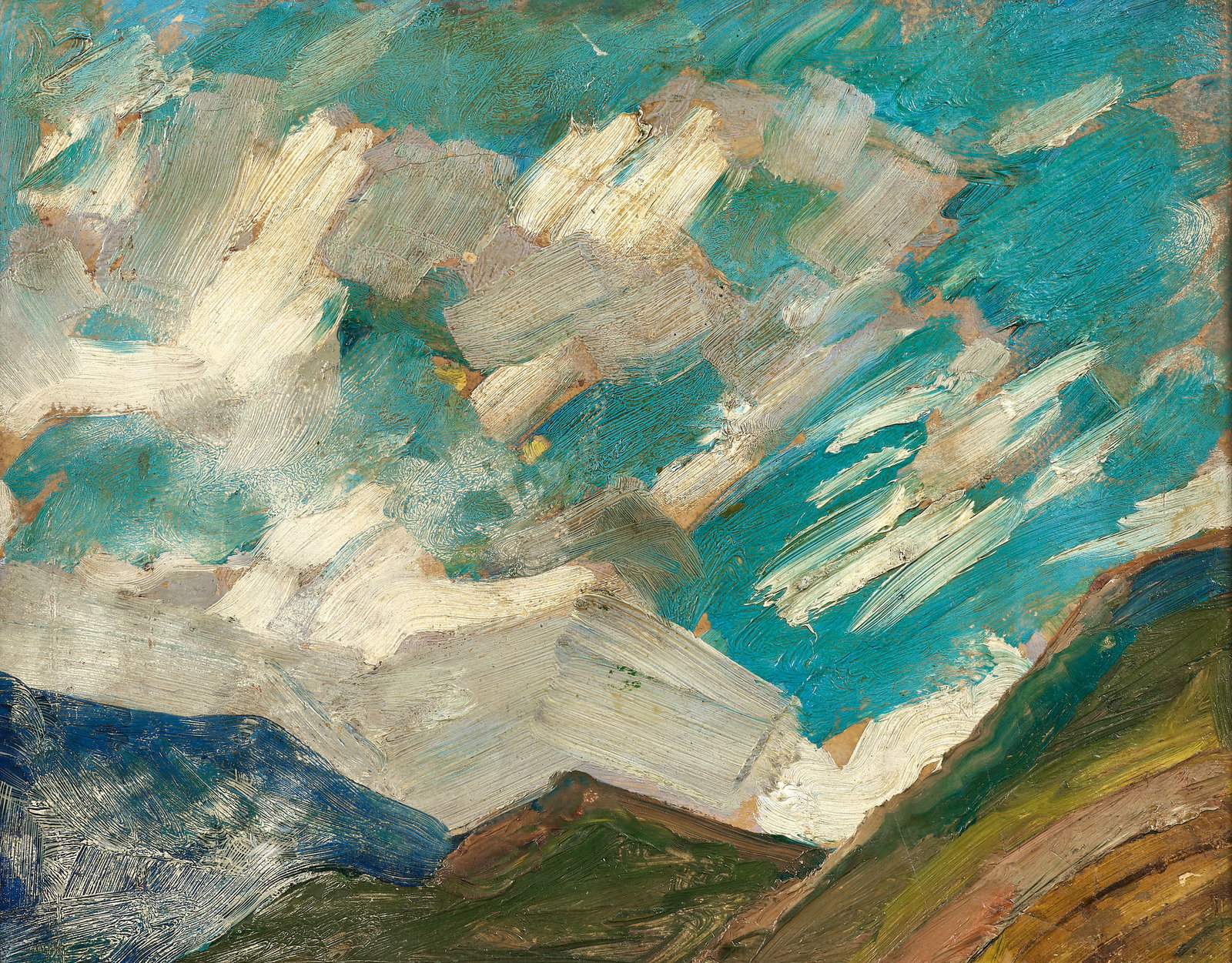 KIRILL ZDANEVICH (GEORGIAN-RUSSIAN 1892-1969): KIRILL ZDANEVICH (GEORGIAN-RUSSIAN 1892-1969) Mountain in Bakuriani, Georgia, 1911 oil on board 32.4 x 41 cm (12 3/4 x 16 1/8 in.) signed, dated, and titled on the verso in Cyrillc PROVENANCE Collecti