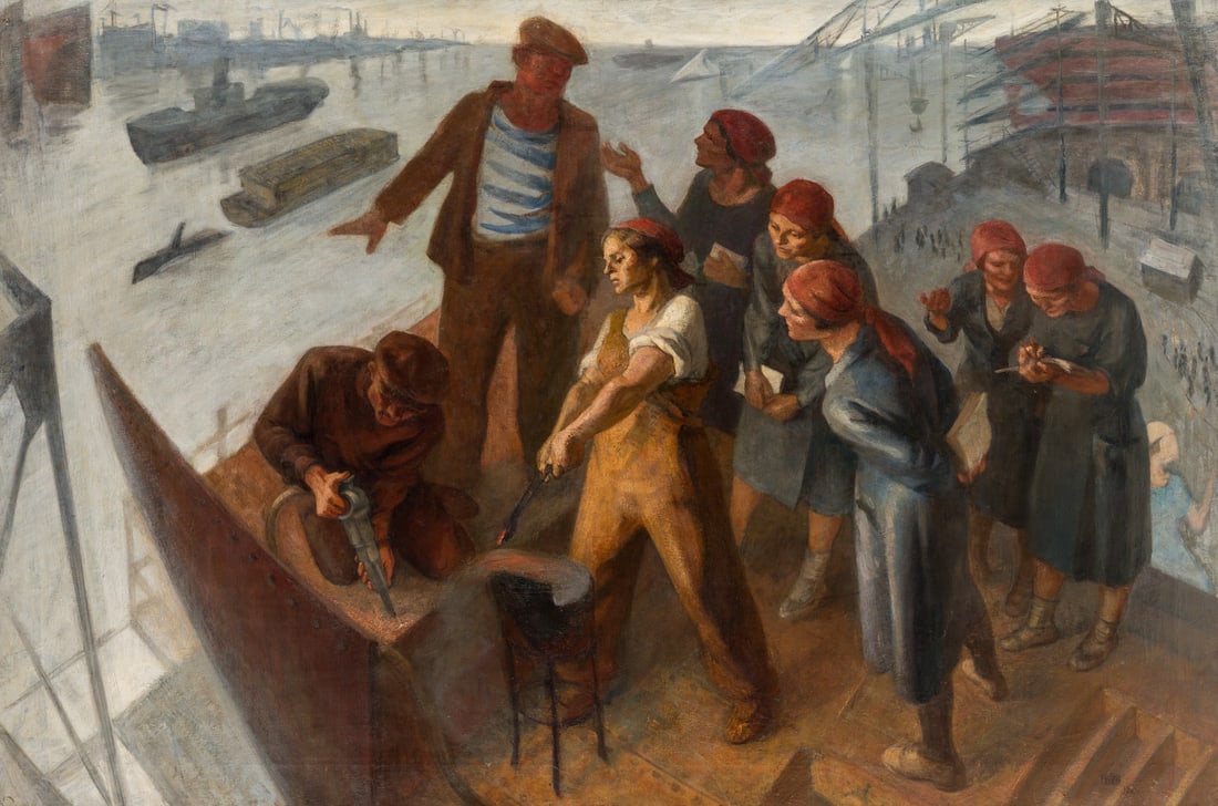 SERAFIMA VASILIEVNA RYANGINA (RUSSIAN 1891-1955): SERAFIMA VASILIEVNA RYANGINA (RUSSIAN 1891-1955) Students Excursion to the Baltic Shipyard, 1930 oil on canvas 100 x 149.5 cm (39 1/2 x 58 3/4 in.) signed and dated lower right PROVENANCE Sotheby's, L