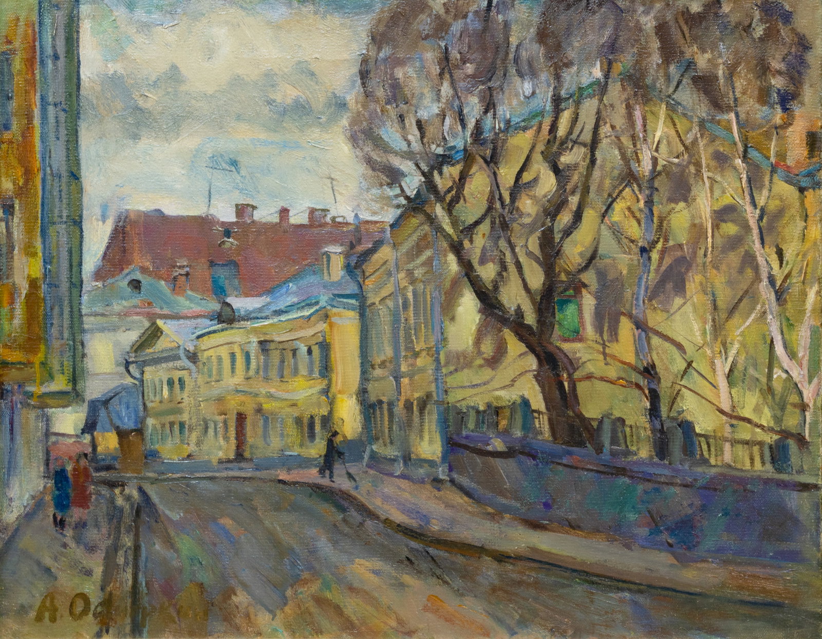 ALEXANDER OSMERKIN (RUSSIAN 1892-1953): ALEXANDER OSMERKIN (RUSSIAN 1892-1953) A Moscow Street, oil on canvas 57.7 x 73 cm (22.75 x 28.75 in) framed dimensions: 63.5 x 79.3 cm (25 x 31 1/4 in) signed lower left PROVENANCE Collection of A. A