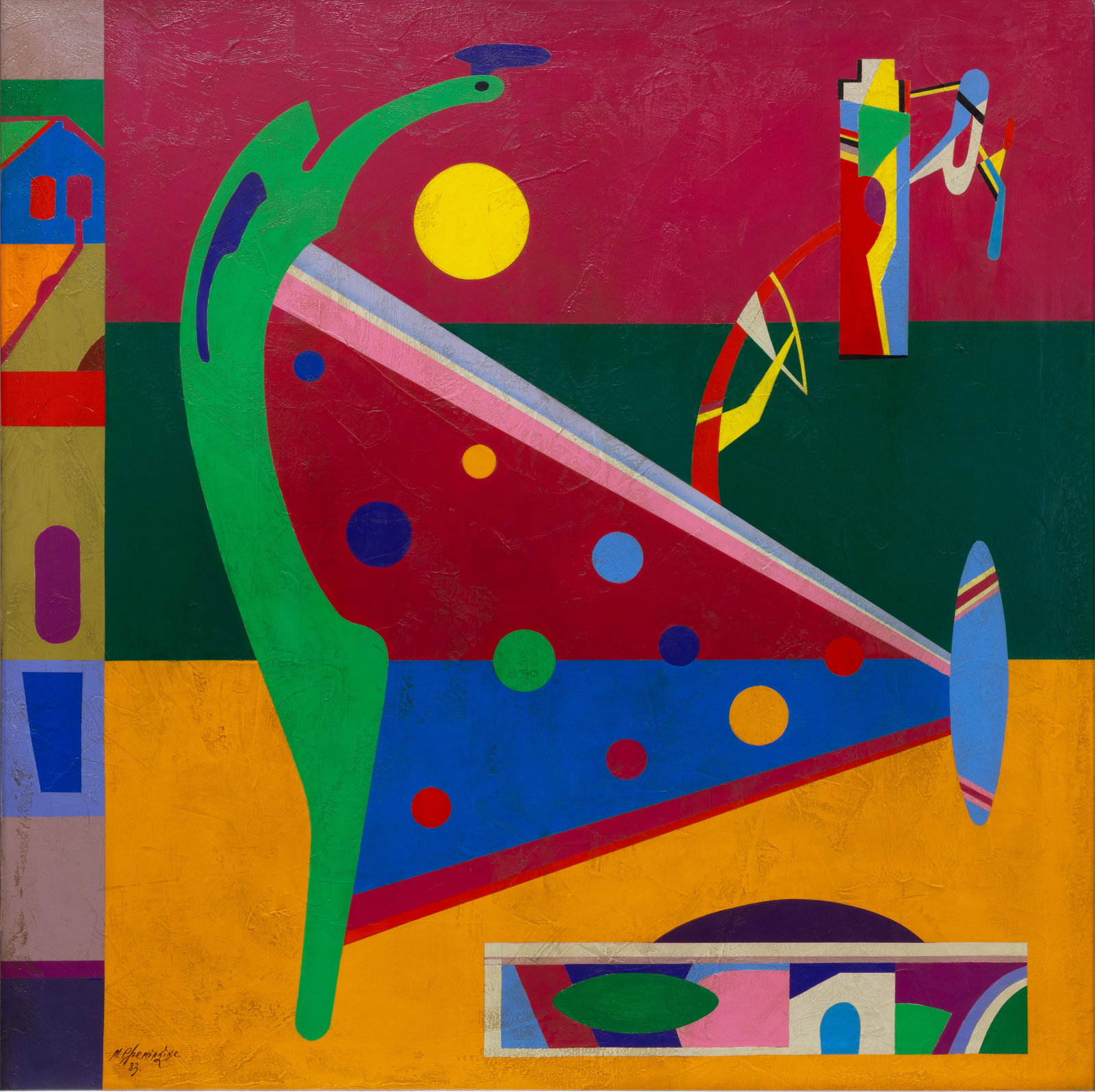 MIKHAIL CHEMIAKIN (RUSSIAN B. 1943): MIKHAIL CHEMIAKIN (RUSSIAN B. 1943) Metaphysical Composition, 1983 oil on canvas 106.6 x 106.6 cm (42 x 42 in) framed dimensions: 111.1 x 111.1 cm (43 3/4 x 43 3/4 in) signed and dated lower left sign