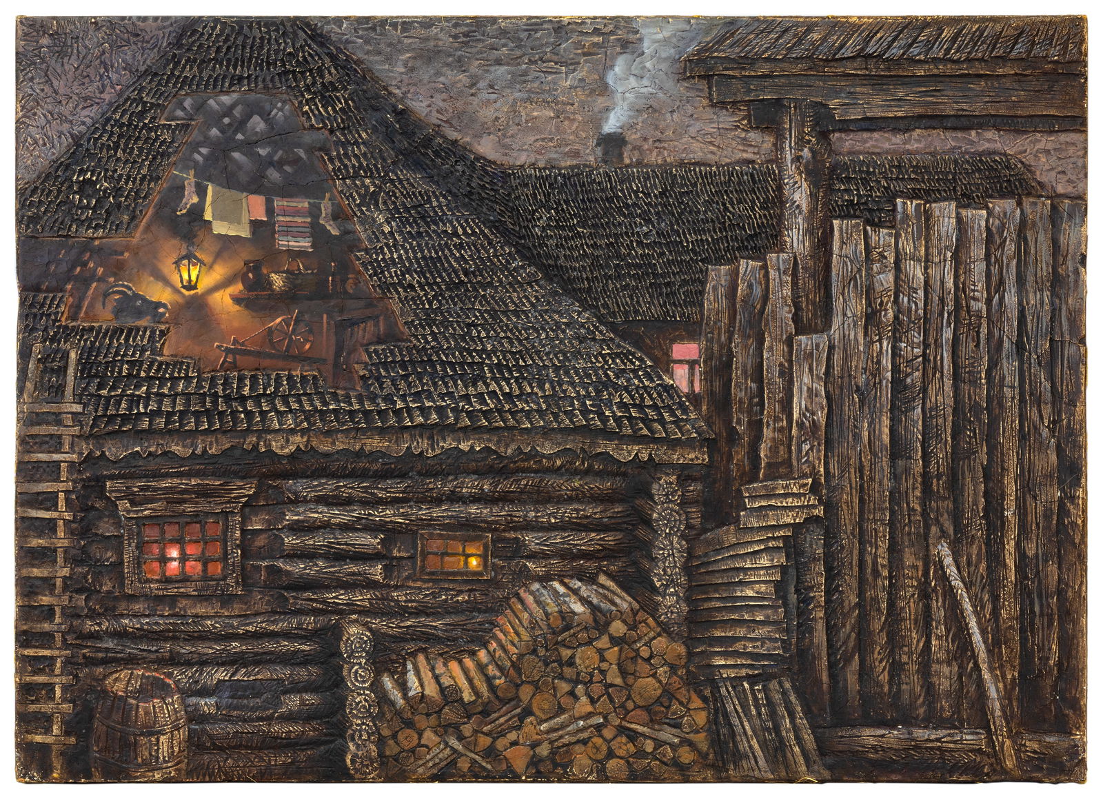 DMITRI PLAVINSKY (RUSSIAN 1937-2012): DMITRI PLAVINSKY (RUSSIAN 1937-2012) View into a Cabin, carved mixed media and gesso on panel 50.8 x 70.4 cm (20 x 27 3/4 in) signed upper left PROVENANCE Acquired directly from the artist from an Ame