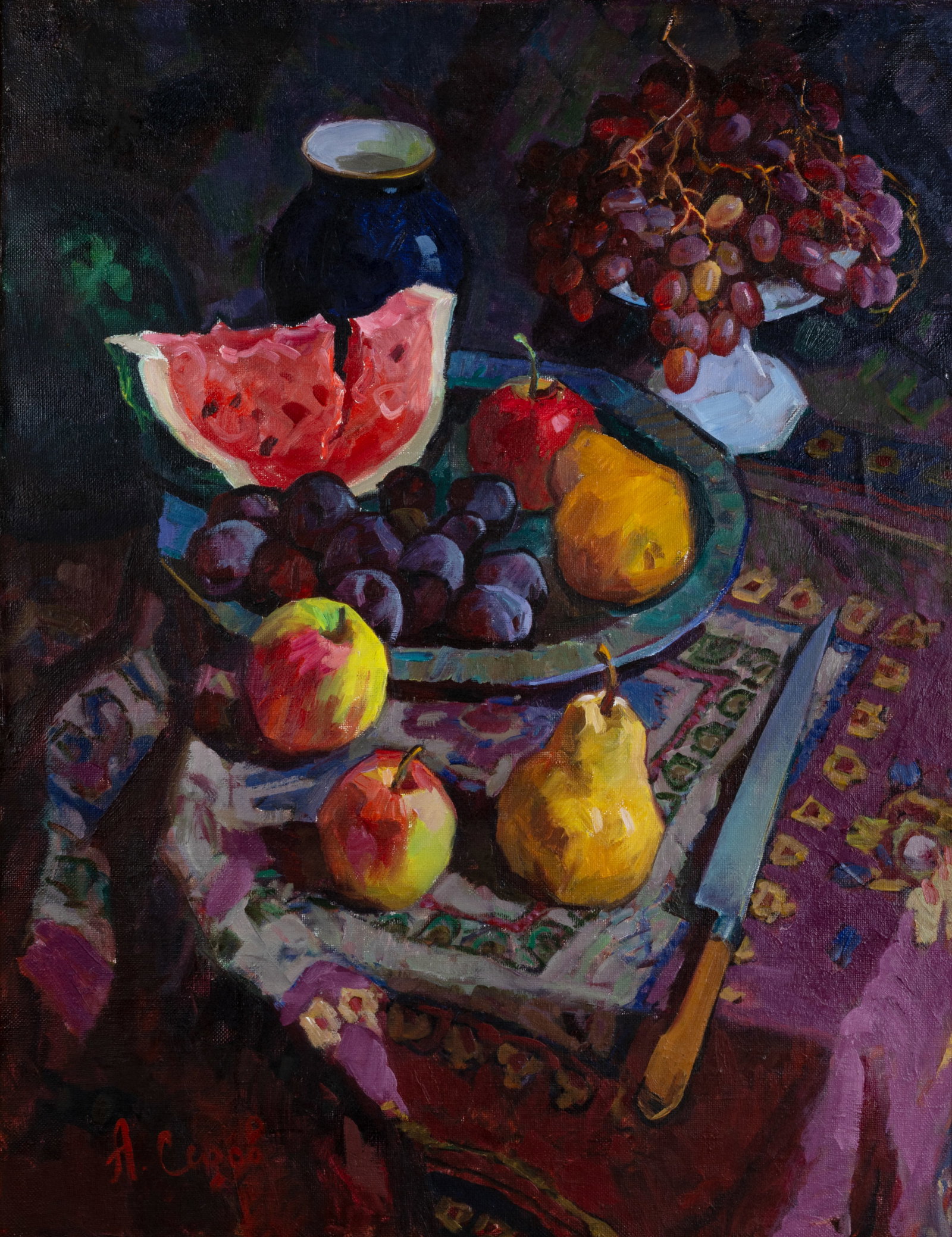 ALEXANDER SEDOV (RUSSIAN 1928-2012): ALEXANDER SEDOV (RUSSIAN 1928-2012) Still life with watermelon, grapes, plums and apples, oil on canvas 90.1 x 70.4 cm (35.5 x 27.75 in) framed dimensions: 87.6 x 91 cm (34 1/2 x 35 3/4 in) signed low