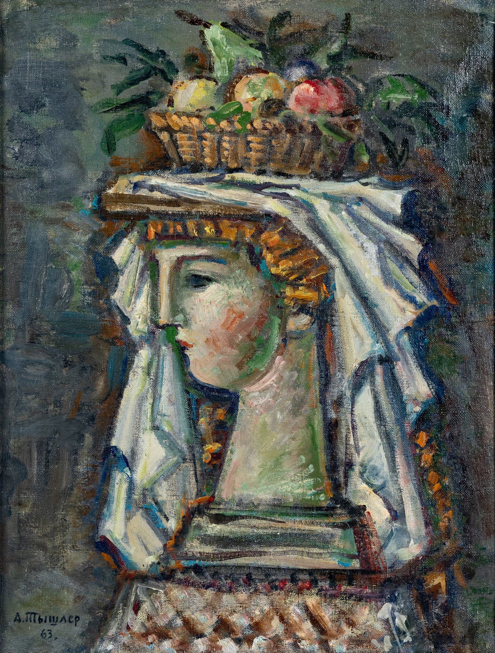 ALEXANDER GRIGORIEVICH TYSHLER (RUSSIAN 1898-1980): ALEXANDER GRIGORIEVICH TYSHLER (RUSSIAN 1898-1980) Portrait of a Woman, 1963 oil on canvas 48 x 36.5 cm (18 3/4 x 14 3/8 in.) framed dimensions: 59 x 47 cm (23 1/4 x 18 1/2 in.) signed and dated lower
