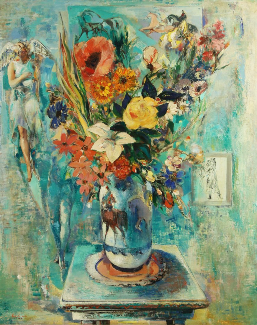 JON CORBINO (AMERICAN 1905-1964) : JON CORBINO (AMERICAN 1905-1964) Still Life with Angels and Flowers oil on canvas laid on board 76 x 63.5 cm. (29 7/8 x 25 5/8 in.) signed lower left All artworks in this auction will be exhibited
