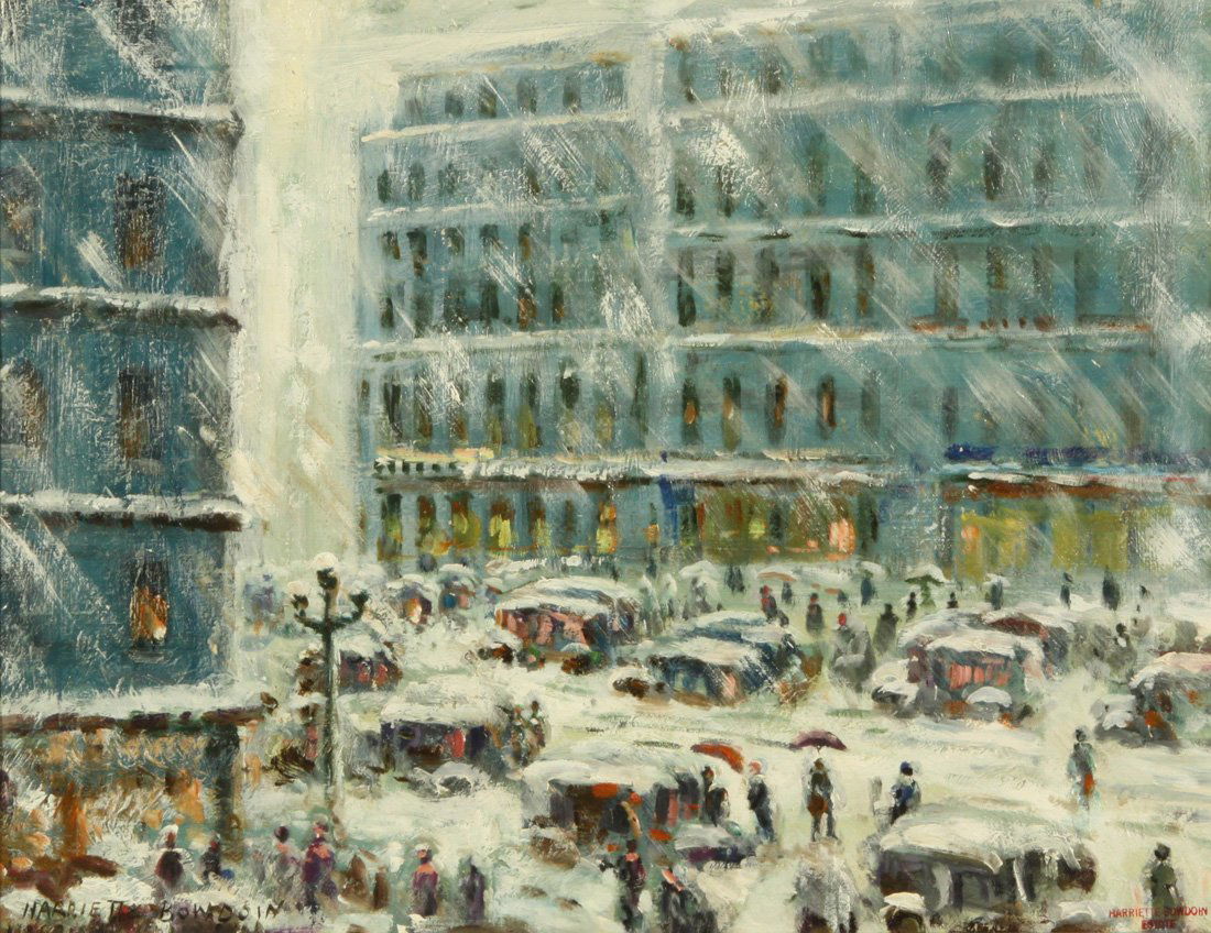 HARRIETTE BOWDOIN (AMERICAN 1880-1947): HARRIETTE BOWDOIN (AMERICAN 1880-1947) New York City in the Snow oil on canvas 41 x 53.2 cm (16 1/8 x 21 in.) signed 'Hariette Bowdoin' lower left, estate stamp lower right PROVENANCE: Estate of the a