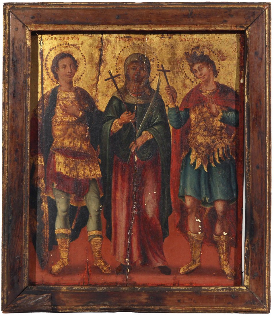 A GREEK ORTHODOX ICON OF THREE SAINTS, with Saint