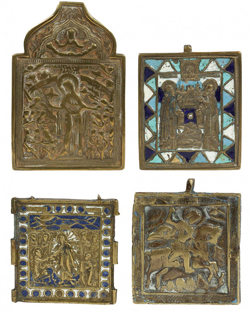 A GROUP OF FOUR RUSSIAN BRASS PLAQUES, 19TH C., each: A GROUP OF FOUR RUSSIAN BRASS PLAQUES, 19TH C., each intricately chiseled, including icon of Mother of God Joy of All that Sorrow, enameled icon of St. Zosima and St. Savatiy, icon of St. George and e