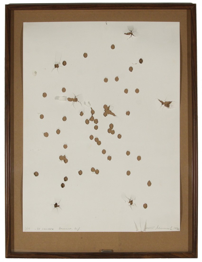 KOMAR AND MELAMIDÂ (RUSSIAN B. 1943 AND B. 1945), '.38: KOMAR AND MELAMIDÂ (RUSSIAN B. 1943 AND B. 1945), '.38 Caliber, Bayonne, N.J.' 1992, mixed media: bullet holes in paper with free-moving bullet case in shadow box, edition # 1/17, 73.5 x 55.5 cm. (2