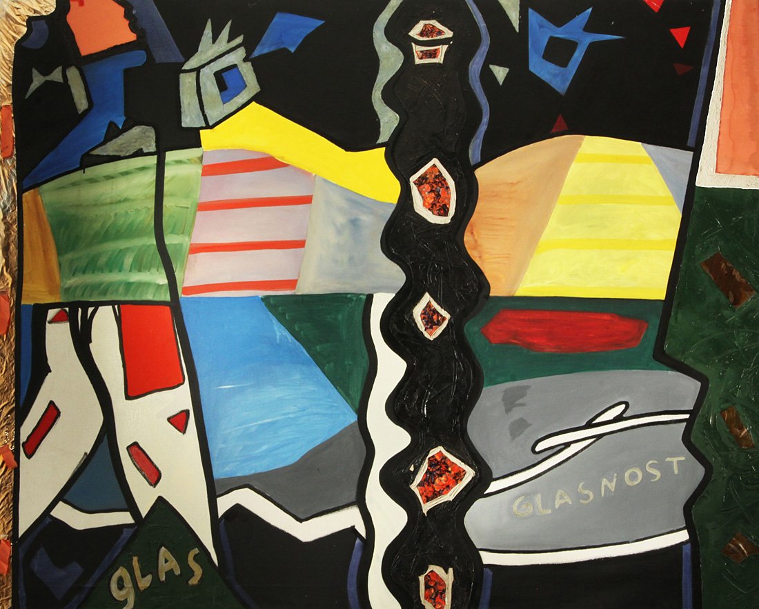 GEORGE PUSENKOFF (RUSSIAN B. 1953), 'New Life' 1988,: GEORGE PUSENKOFF (RUSSIAN B. 1953), 'New Life' 1988, mixed media on canvas, 160 x 200 cm (63 x 78 3/4 in.), signed and titled in Cyrillic, and dated on verso,