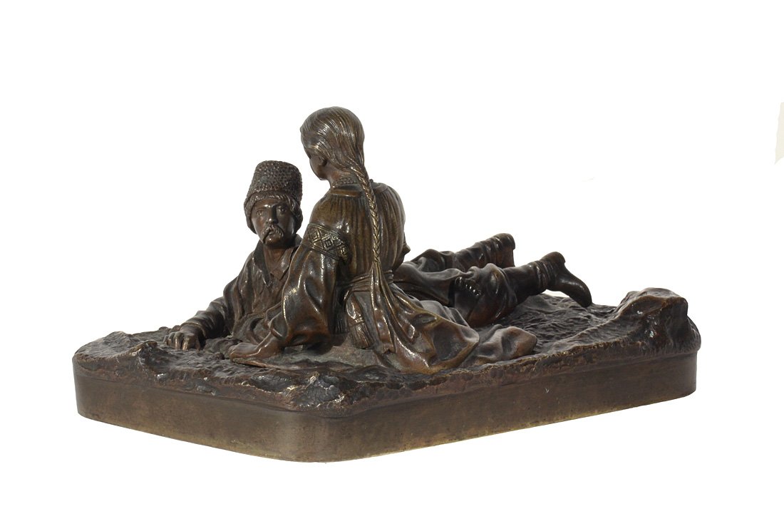 VASSILI YAKOVLEVITCH GRACHEV (RUSSIAN 1831-1905), 'The: VASSILI YAKOVLEVITCH GRACHEV (RUSSIAN 1831-1905), 'The Young Couple', bronze with medium bronze patina, inscribed with signature in Cyrillic on base, inscribed with foundry mark 'Fabr. Woerffel' on ba
