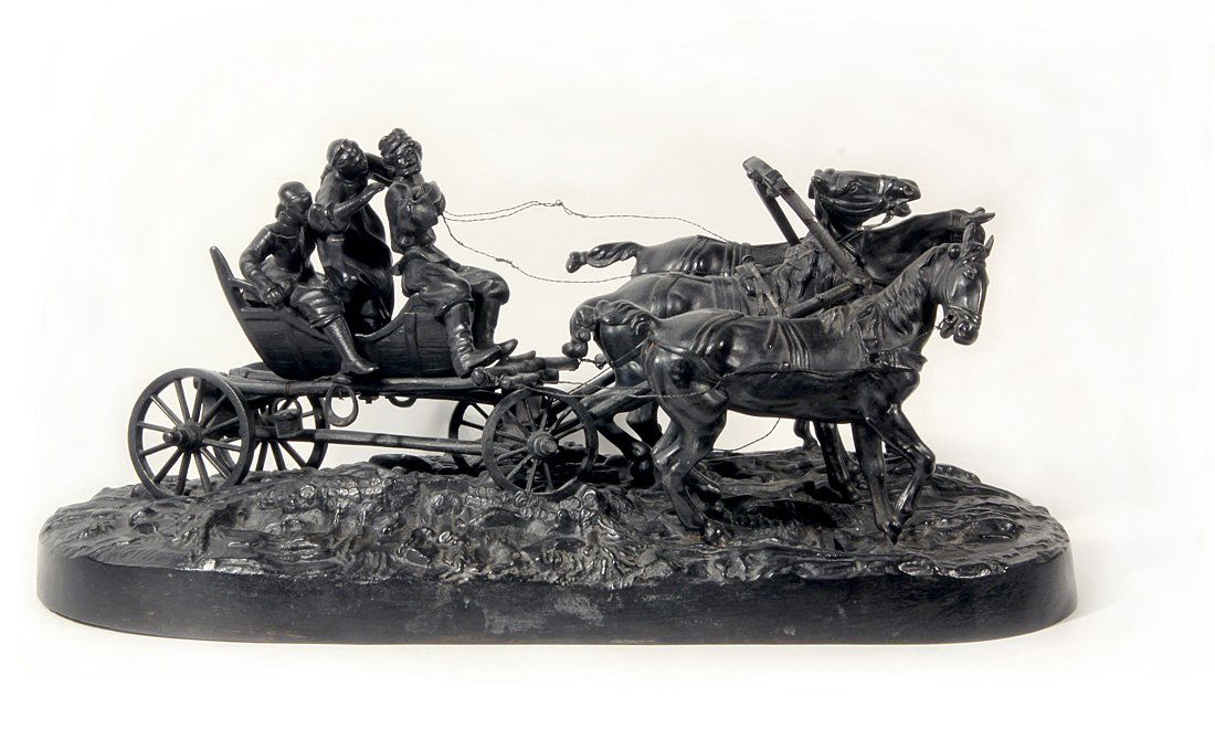 KUSINSKAYA FOUNDRY, 'Young Women in a Troika, After a: KUSINSKAYA FOUNDRY, 'Young Women in a Troika, After a Model by Lanceray' 19th c., cast iron, length: 41.3 cm (16 1/4 in.), foundry mark with Imperial warrant on base, partially legible Cyrillic signat