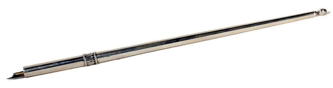 A SILVER FABERGE PEN HOLDER, ANDERS NEVALAINEN, ST.: A SILVER FABERGE PEN HOLDER, ANDERS NEVALAINEN, ST. PETERSBURG, 1899-1908, elegant tapered cylindrical body, ornamented by a band of leaves and a flower bud finial, length: 21.5 cm (8 1/2 in.), workma