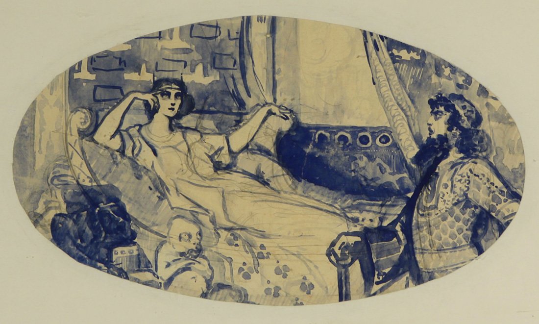 VARDGES YAKOVLEVICH SURENYANTS (ARMENIAN 1860-1921),: VARDGES YAKOVLEVICH SURENYANTS (ARMENIAN 1860-1921), 'The Tsar and the Odalisque', watercolor and pencil on paper, 12.5 x 23 cm (5 x 9 in.) [sight], signed in Cyrillic along the left edge, PROVENANCE: