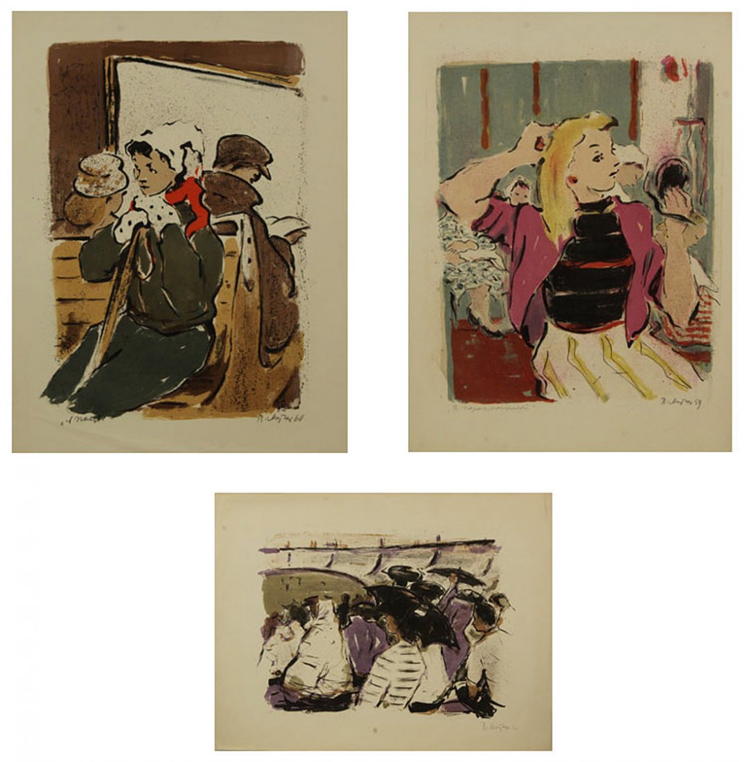 GROUP OF THREE PRINTS BY VERA FEODOROVNA MATIUKH: GROUP OF THREE PRINTS BY VERA FEODOROVNA MATIUKH (GERMAN-RUSSIAN 1910-2003), a) 'At the Hairdresser`s', 1959, lithograph, 62 x 47 cm (24 1/2 x 18 1/2 in.), signed in pencil in Cyrillic and dated 'V. M