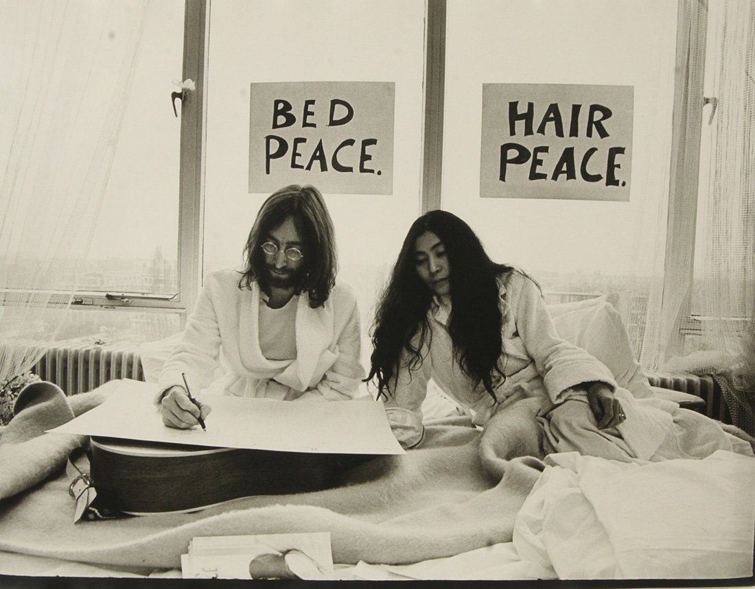TONY GRYLLA (B. 1941), 'Hair Peace Bed Peace ' 1968,: TONY GRYLLA (B. 1941), 'Hair Peace Bed Peace ' 1968, gelatin silver print, edition 4/30, 40 x 51 cm (15 1/4 x 20 1/8 in.), signed, titled and dated on verso; stamp: "Galerie Grace Radziwill", photogra