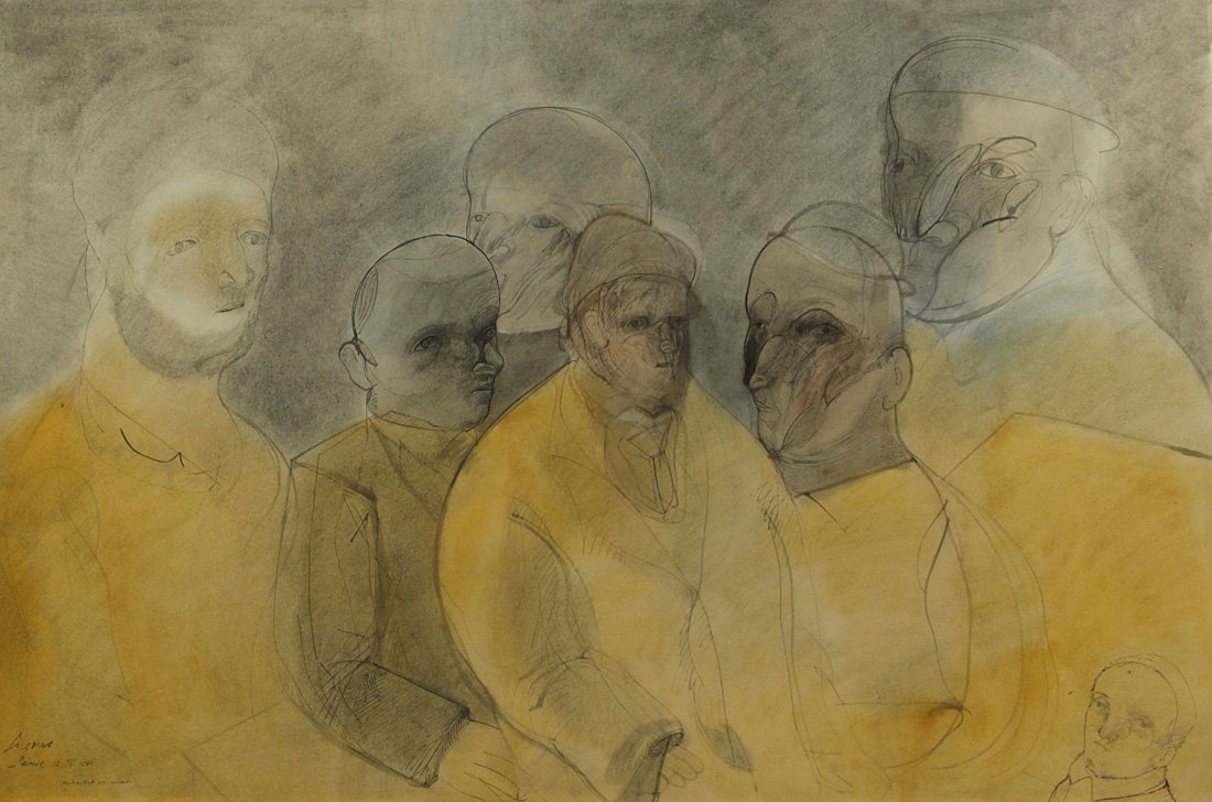 JOSE LUIS CUEVAS (MEXICAN B. 1934), 'Self-Portrait with: JOSE LUIS CUEVAS (MEXICAN B. 1934), 'Self-Portrait with Models' 1980, watercolor and ink on paper, 78 x 116 cm (30 3/4 x 45 5/8 in.) [sight], signed, dated and titled lower left,