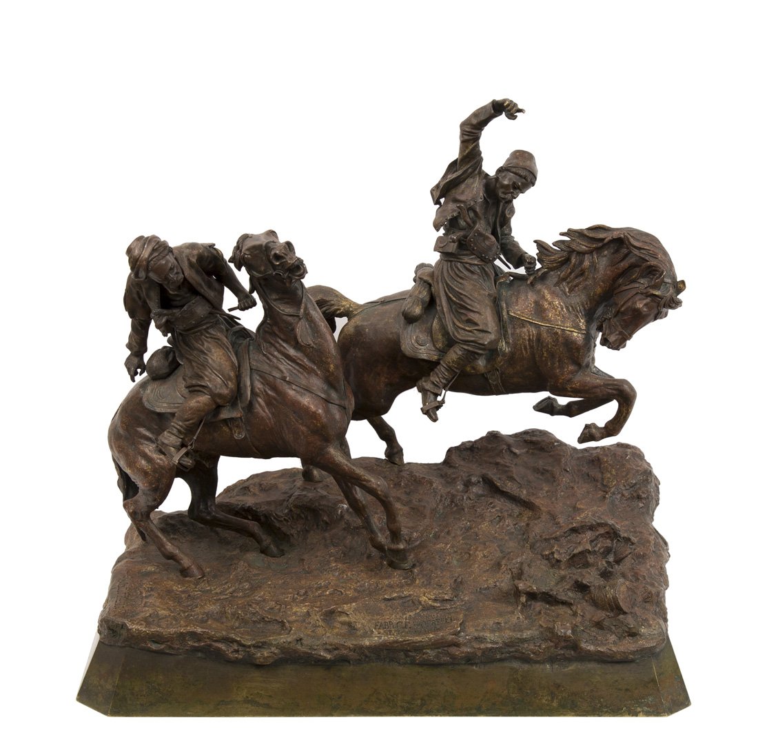 VASILY GRACHEV (RUSSIAN 1831-1905), 'Galloping: VASILY GRACHEV (RUSSIAN 1831-1905), 'Galloping Cherkesses', circa 1881-1891, bronze with medium brown patina, height: 34 cm (17 3/8 in.); 26.8 x 45.1 cm (10 1/2 x 17 3/4 in.), signed Grachev in Cyrill